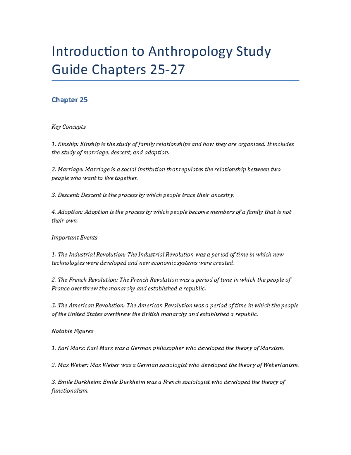 Introduction to Anthropology Study Guide Chapters 25-27 - Introduction ...