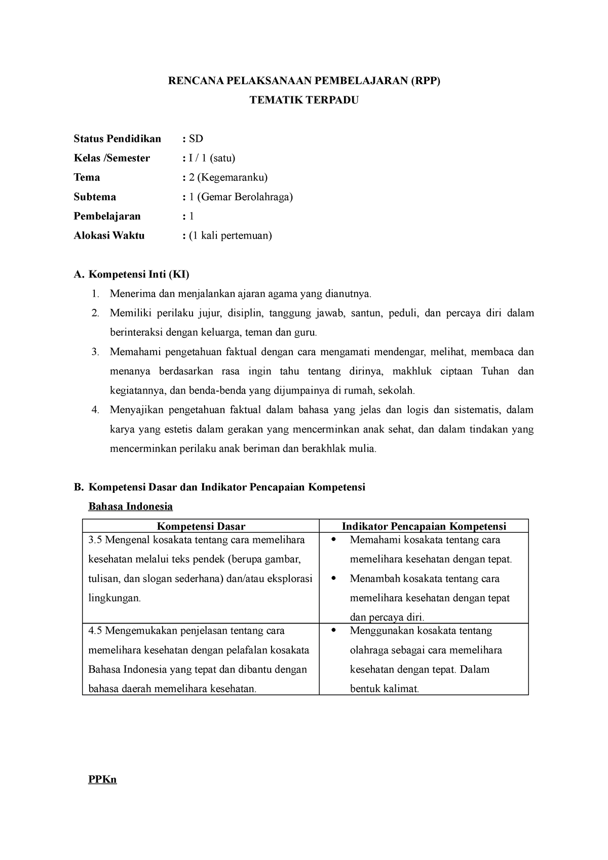 RPP Kelas 1 TEMA 2 Subtema 1 Pembelajaran 1 - RENCANA PELAKSANAAN ...