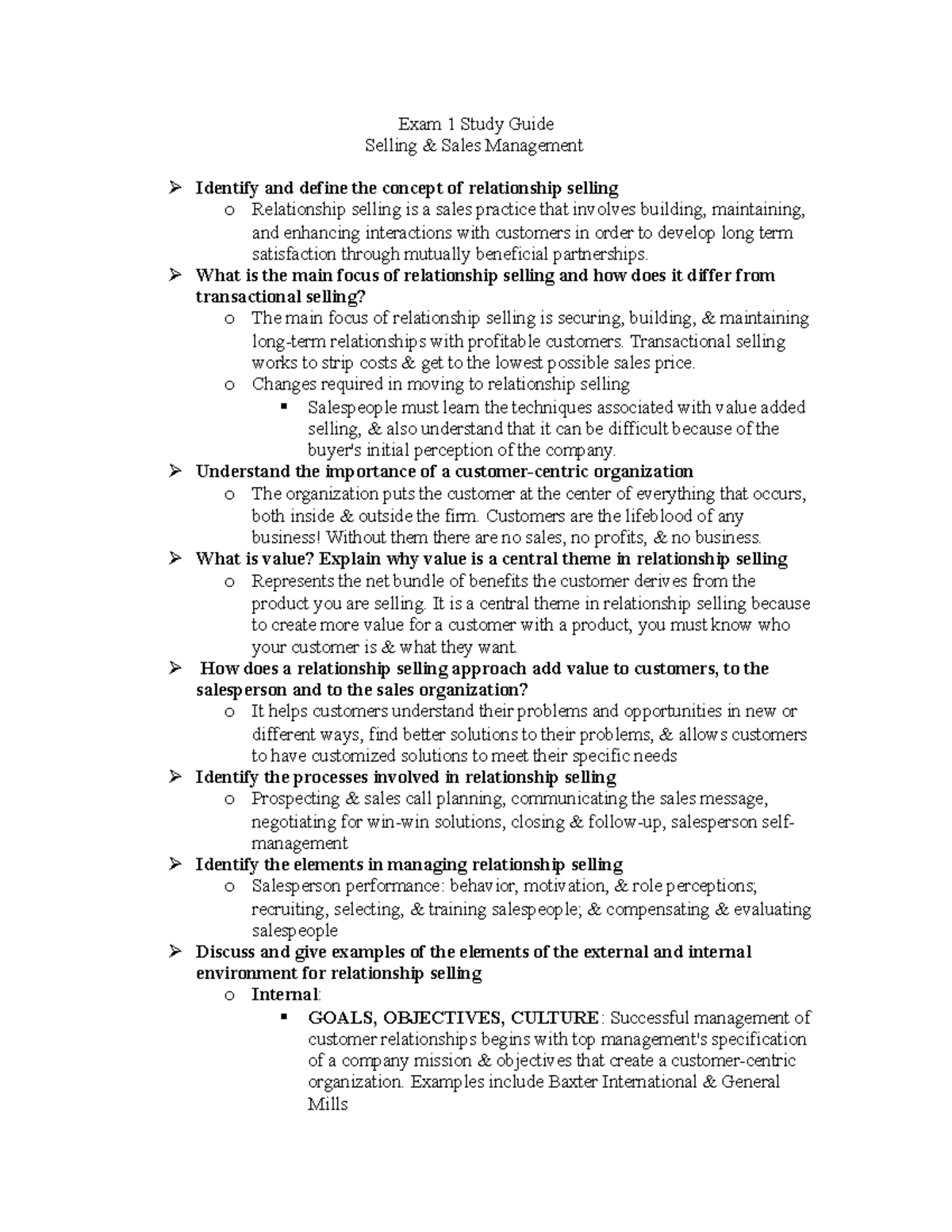 Exam 1 Study Guide sales ch1-5 - Exam 1 Study Guide Selling & Sales ...