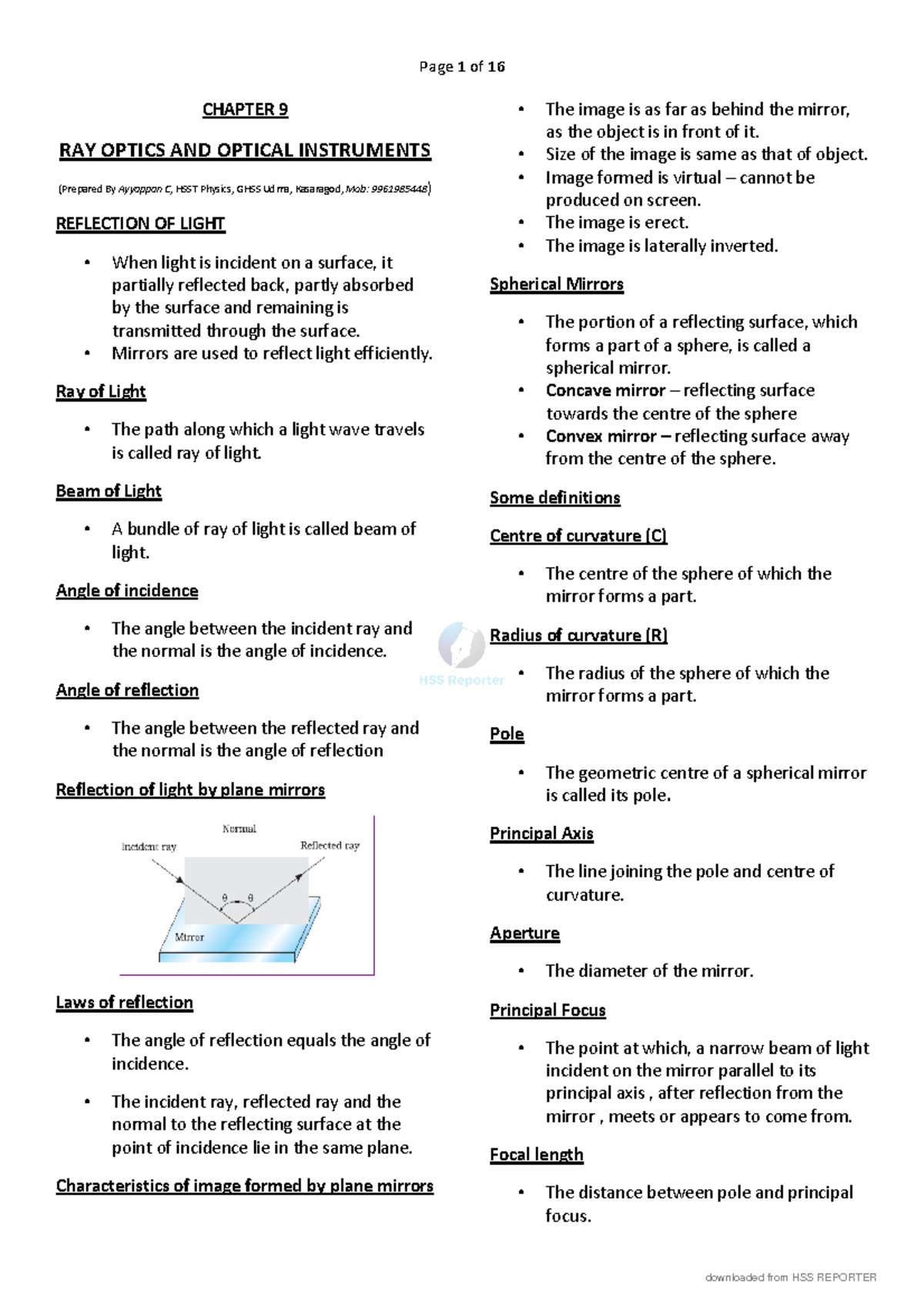 RAY Optics notes CHAPTER 9 RAY OPTICS AND OPTICAL INSTRUMENTS