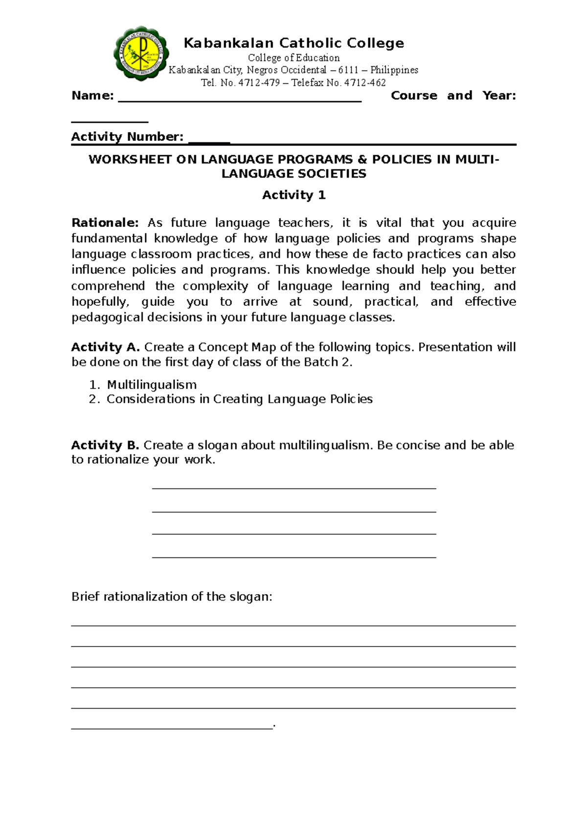 Language Programsand Policies Activity 1 Batch 2 - Kabankalan Catholic ...