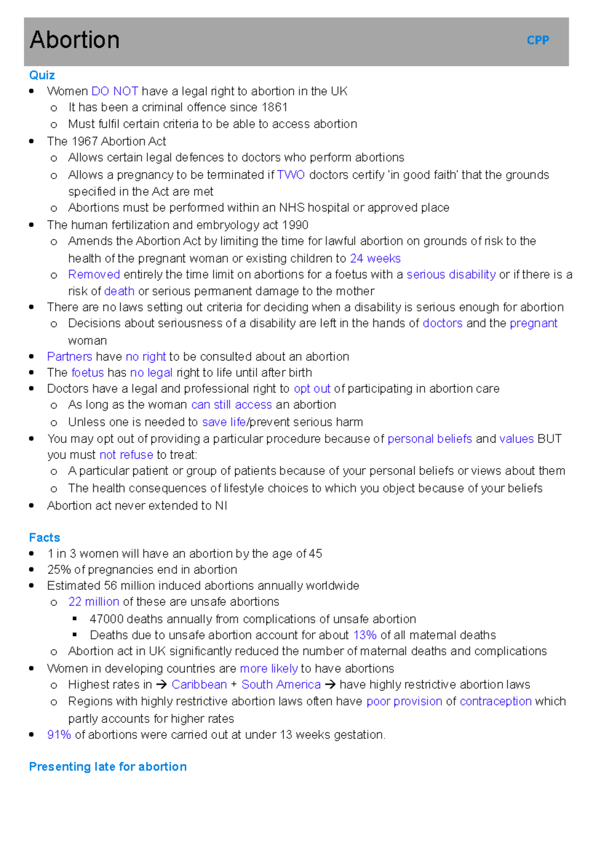CPP - Abortion ethics and law summary - Quiz Women DO NOT have a legal ...
