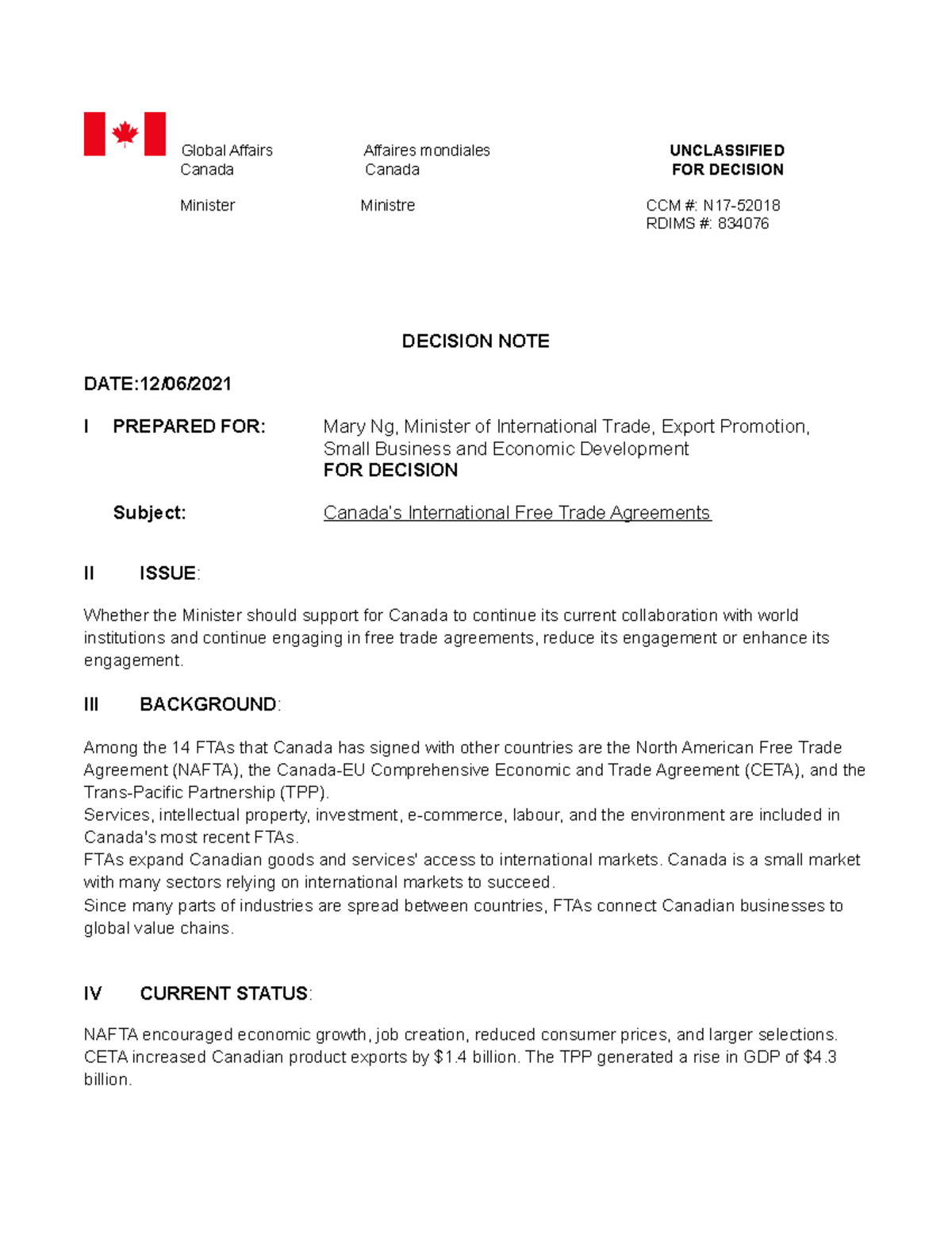 Briefing Note 3 - Global Affairs Affaires Mondiales UNCLASSIFIED Canada ...