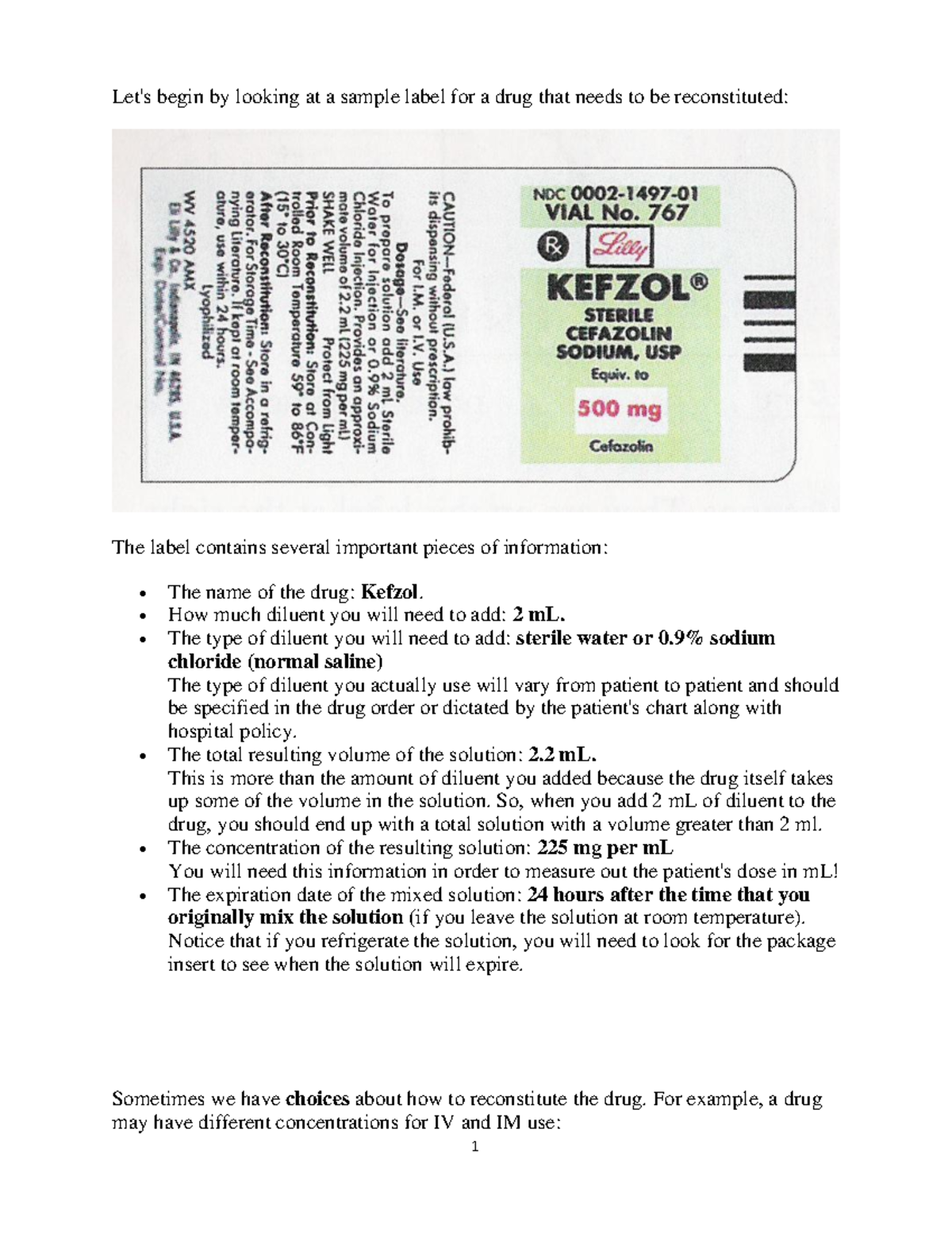 Reconstitution of meds - Let's begin by looking at a sample label for a ...