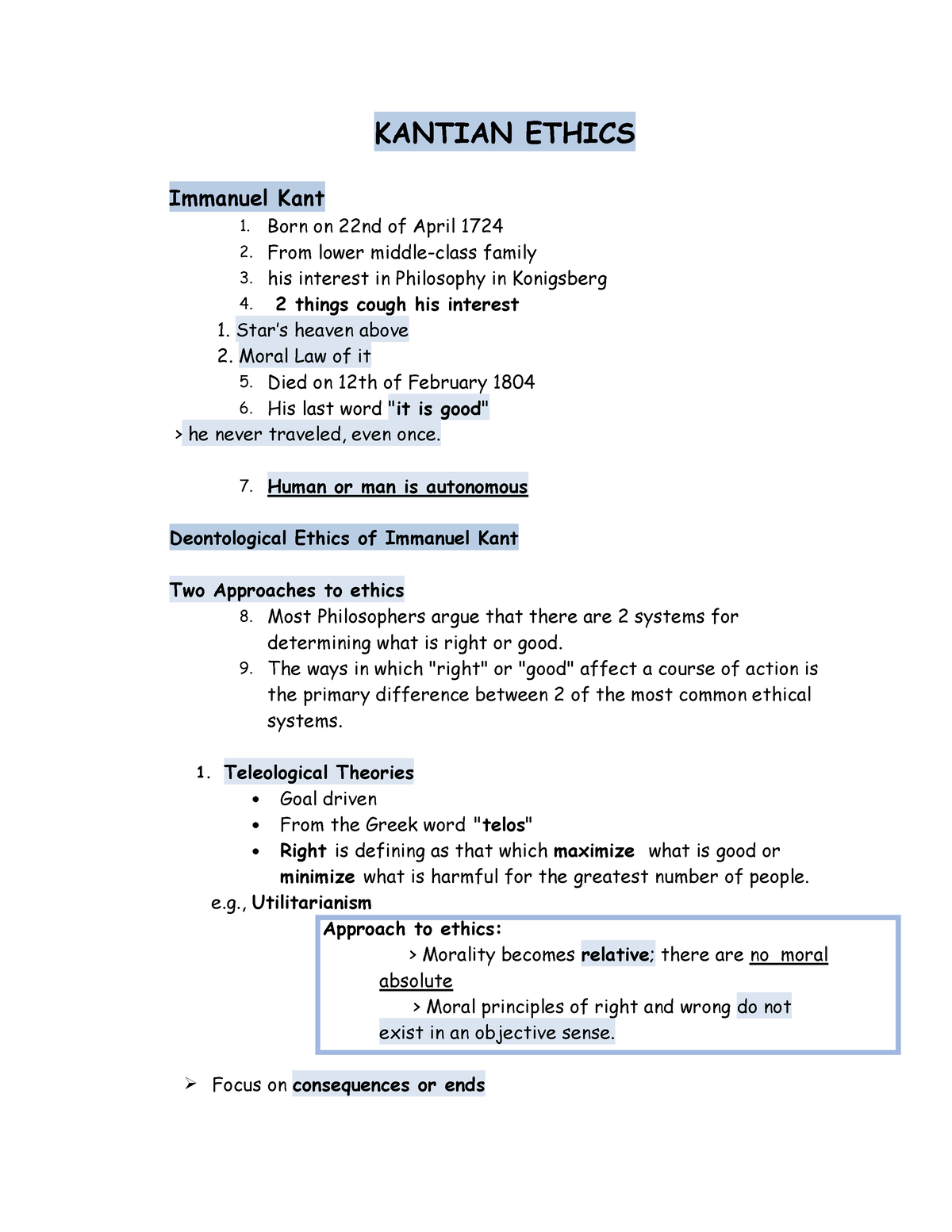 Summary OF Kantian Ethics - KANTIAN ETHICS Immanuel Kant Born On 22nd ...