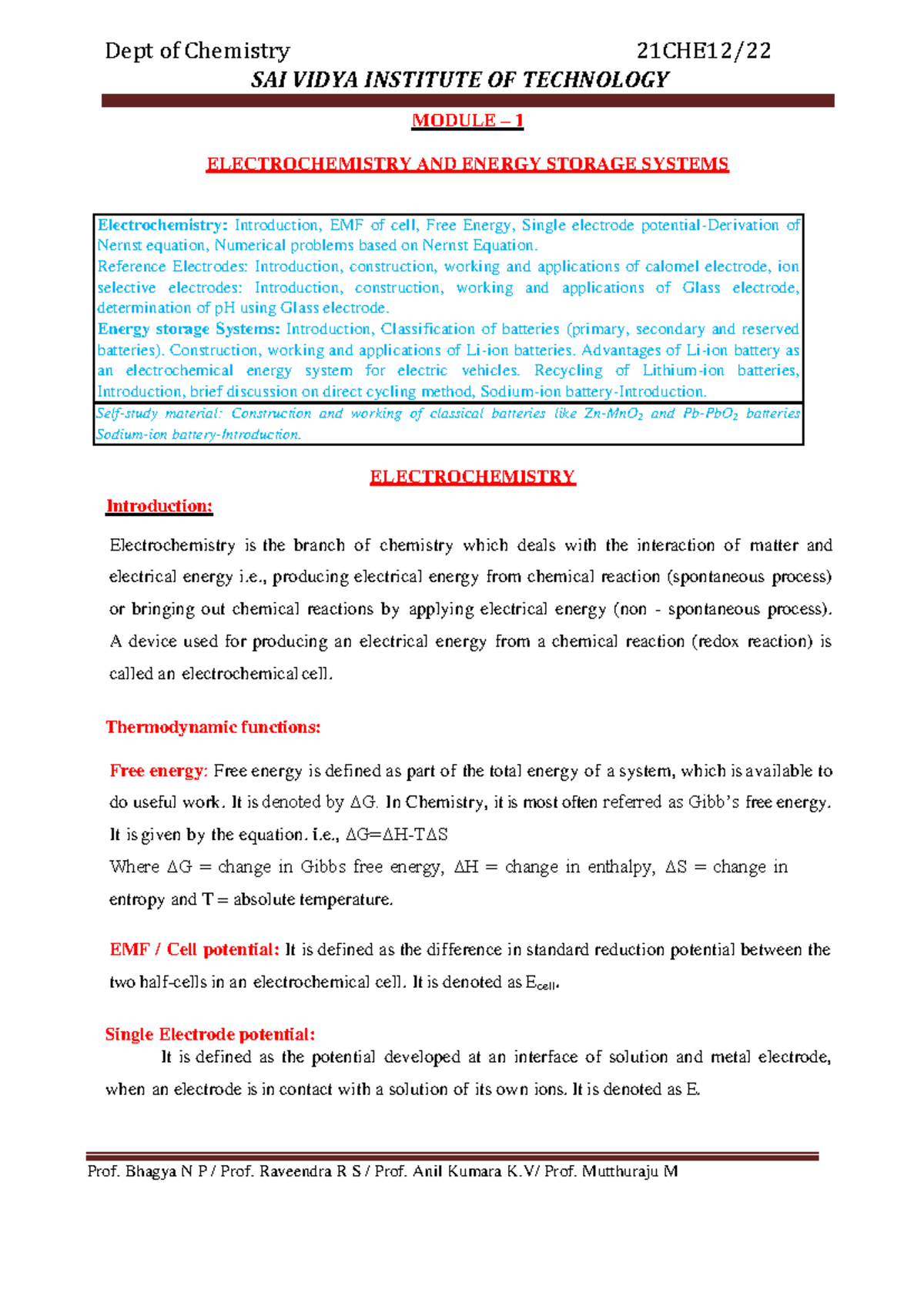 Module 1 2021-22 - electrochemistry contents - SAI VIDYA INSTITUTE OF ...