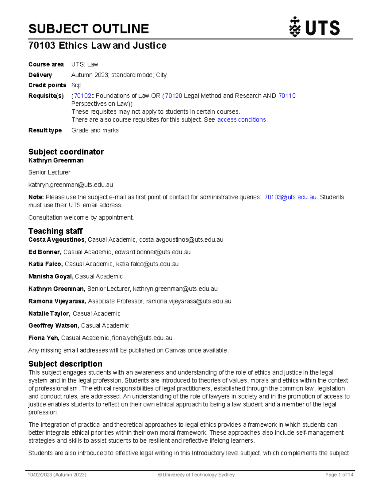 ELJ - course outline - SUBJECT OUTLINE 70103 Ethics Law and Justice ...