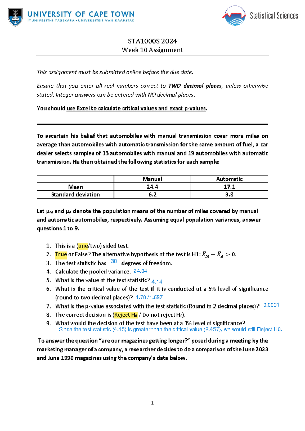 Assignment 10 STA1000S 2024 - 1 STA1000S 2024 Week 10 Assignment This ...