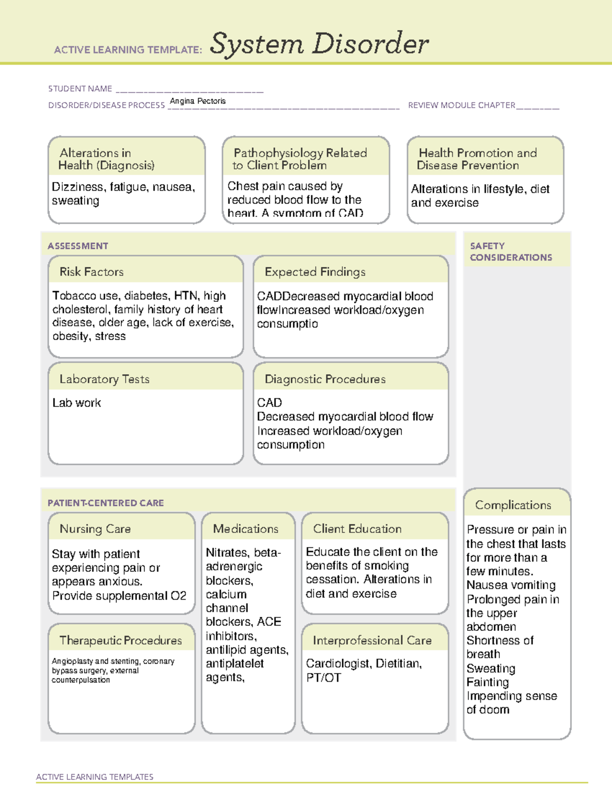 Angina System Disorder Template