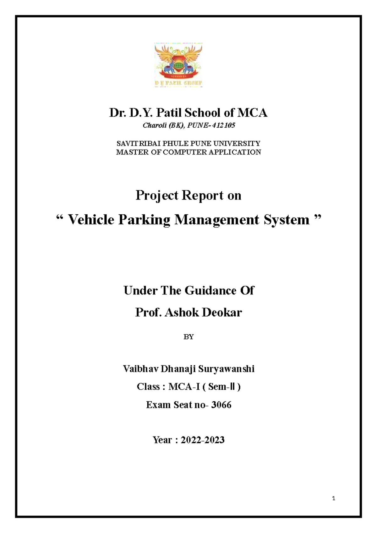 Vehicle parking management system - Dr. D. Patil School of MCA Charoli ...