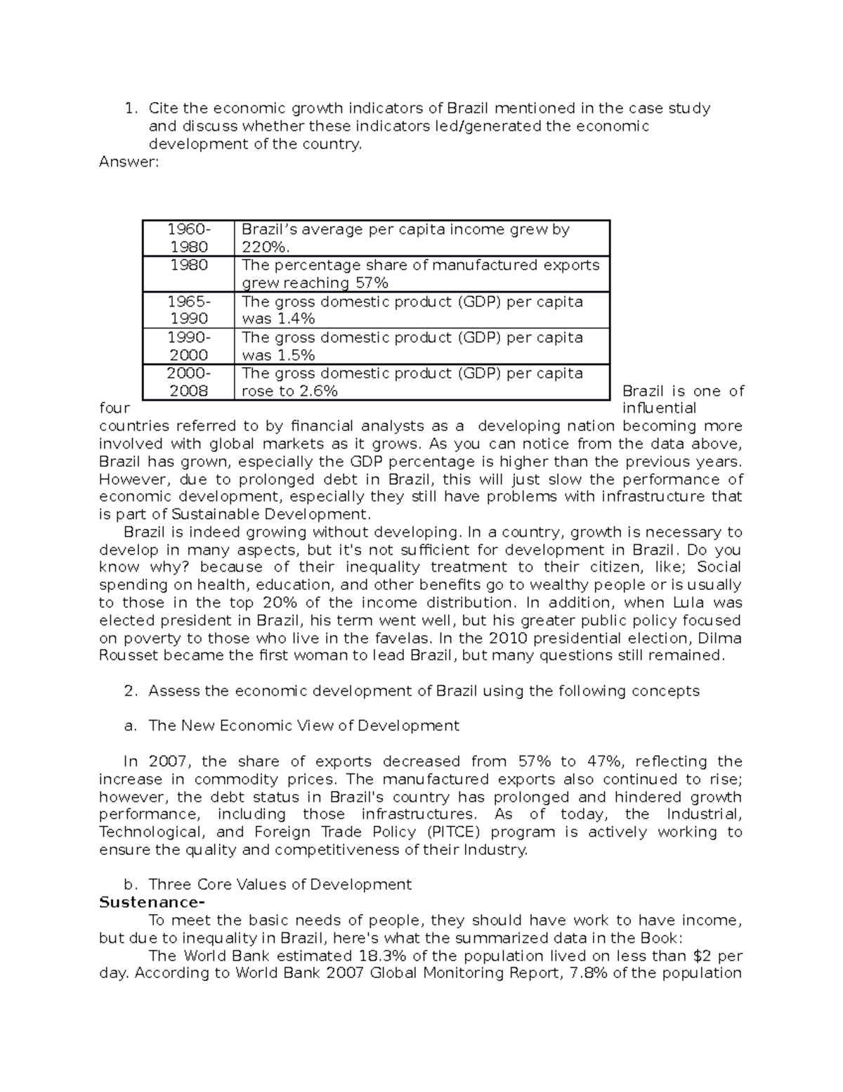 Brazil Analyzation Cite the economic growth indicators of Brazil