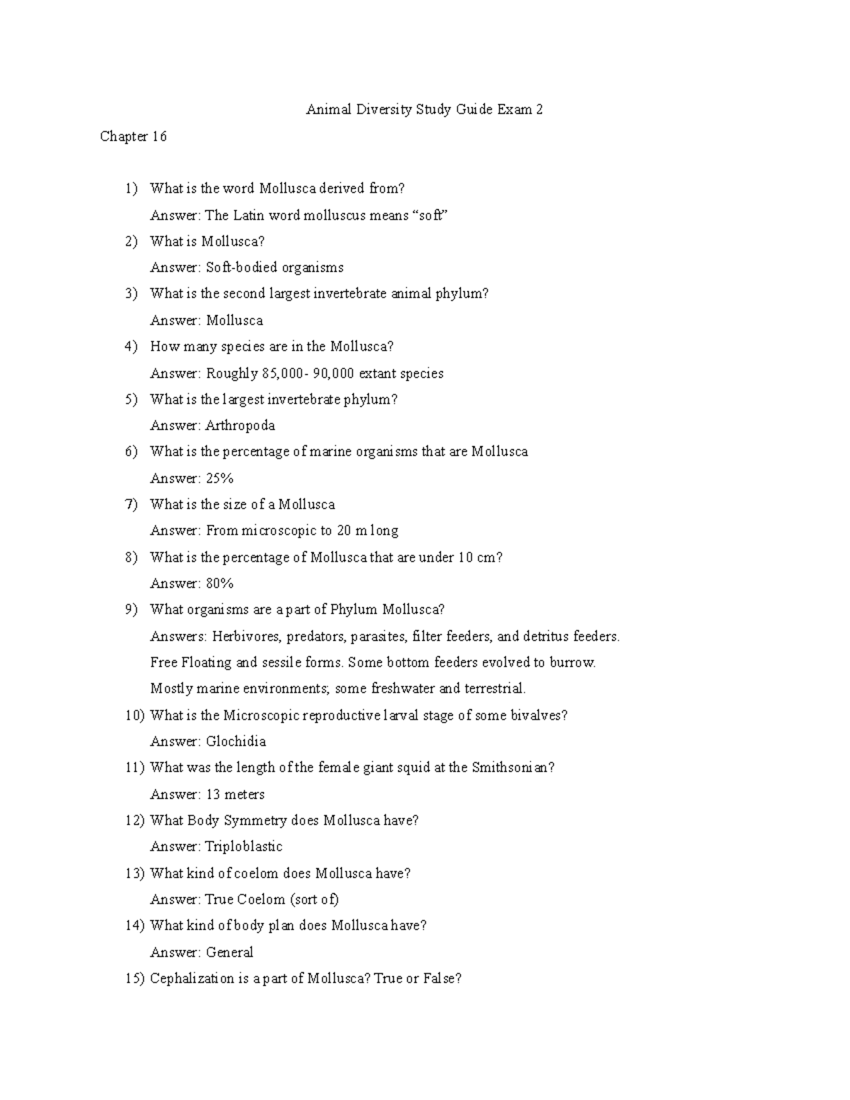 Animal Diversity Exam 2 - Animal Diversity Study Guide Exam 2 Chapter ...