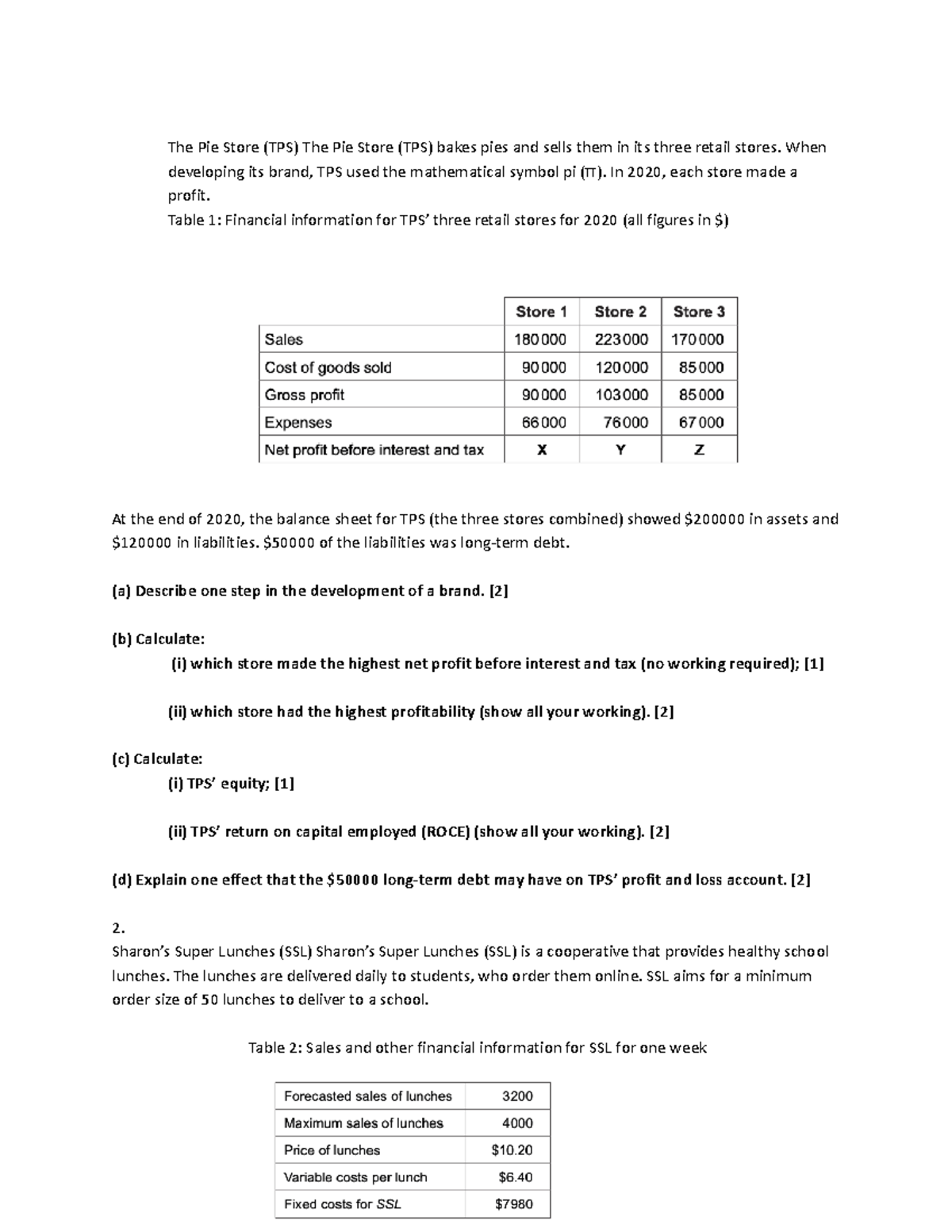 Business Management Paper 2 Answers The Pie Store (TPS) The Pie Store