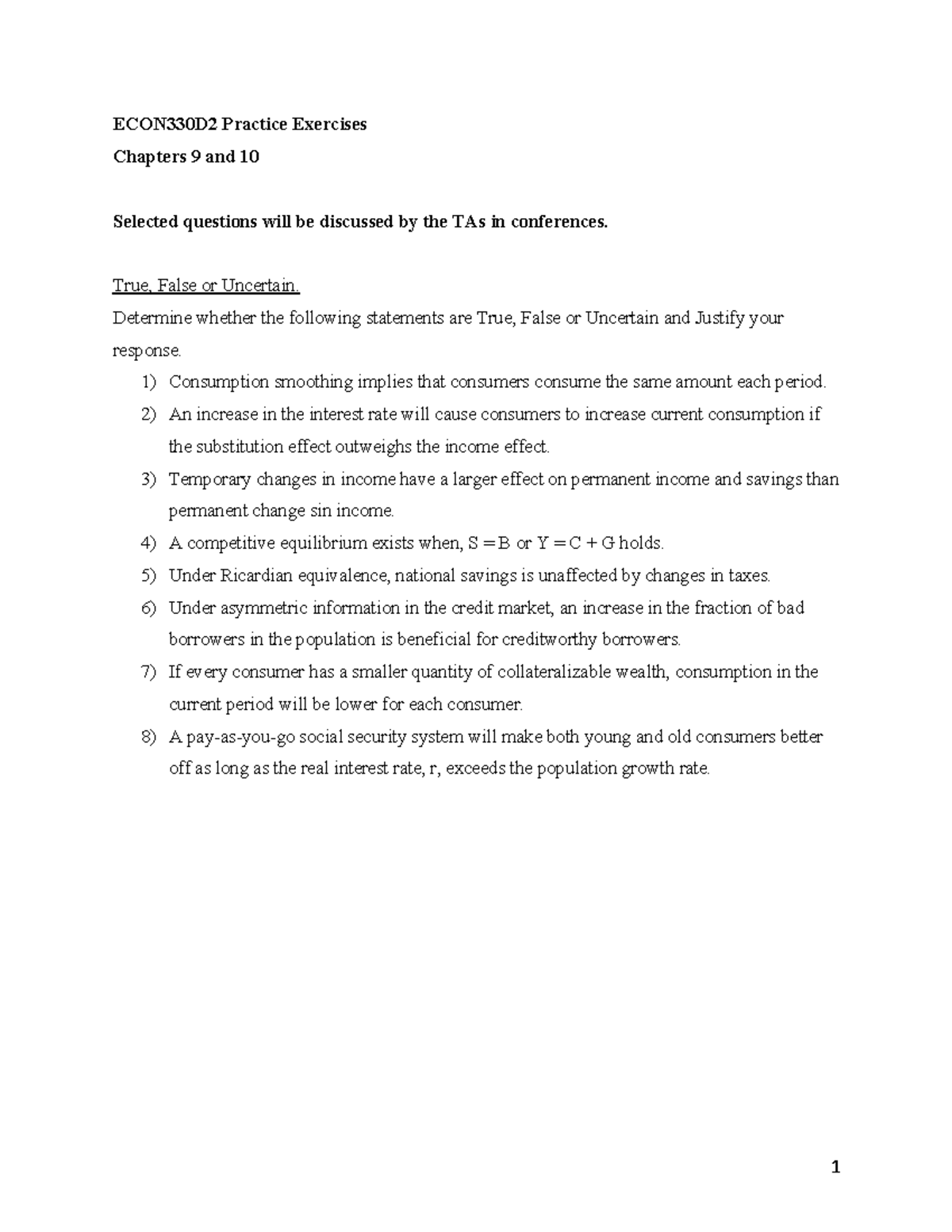 Chapter 9 and 10 Exercises question - ECON330D2 Practice Exercises ...