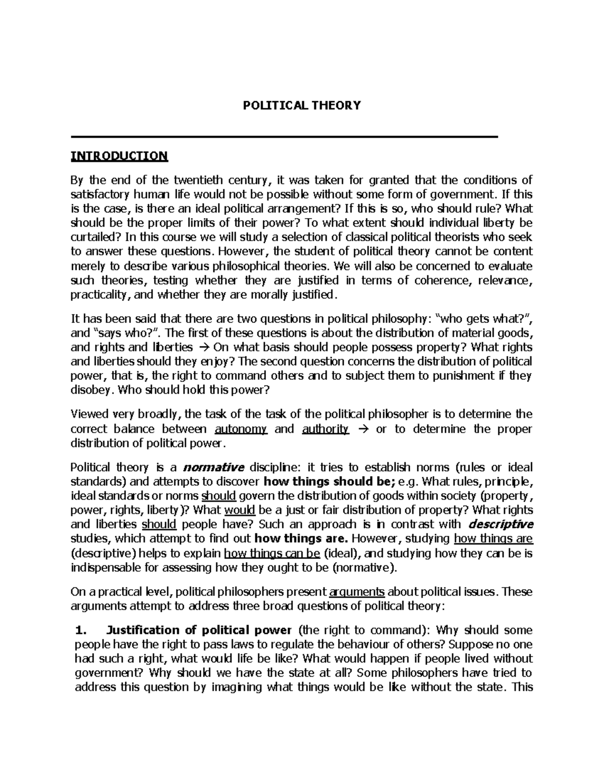 Political theory notes - POLITICAL THEORY INTRODUCTION By the end of ...