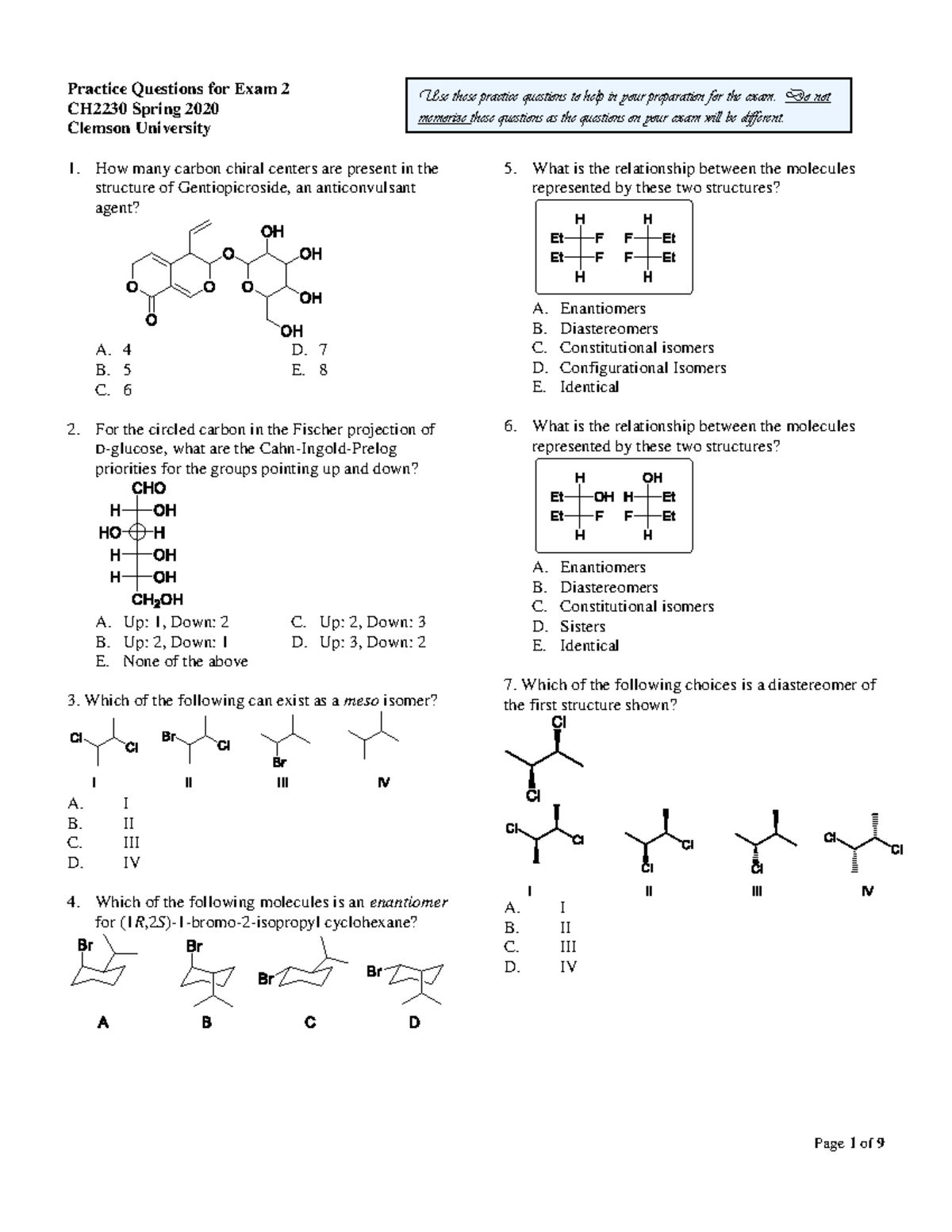 CH2230 Exam 2 Practice - Practice Questions for Exam 2 CH2230 Spring ...