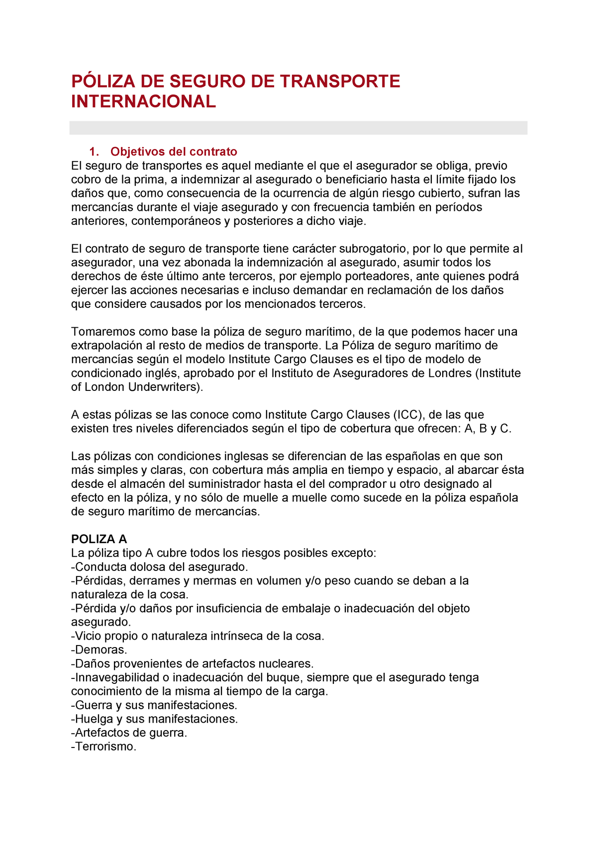 Documento DE Apoyo 2 Póliza DE Seguro DE Transporte Internacional - PÓLIZA DE  SEGURO DE TRANSPORTE - Studocu