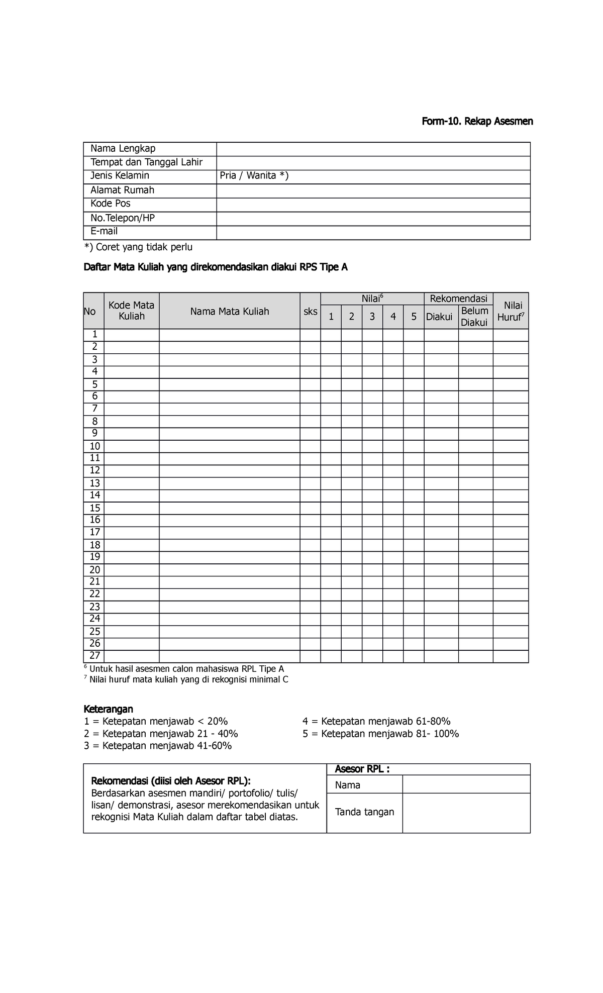 Formulir RPL 10 - RPL - Form-10. Rekap Asesmen Nama Lengkap Tempat dan ...