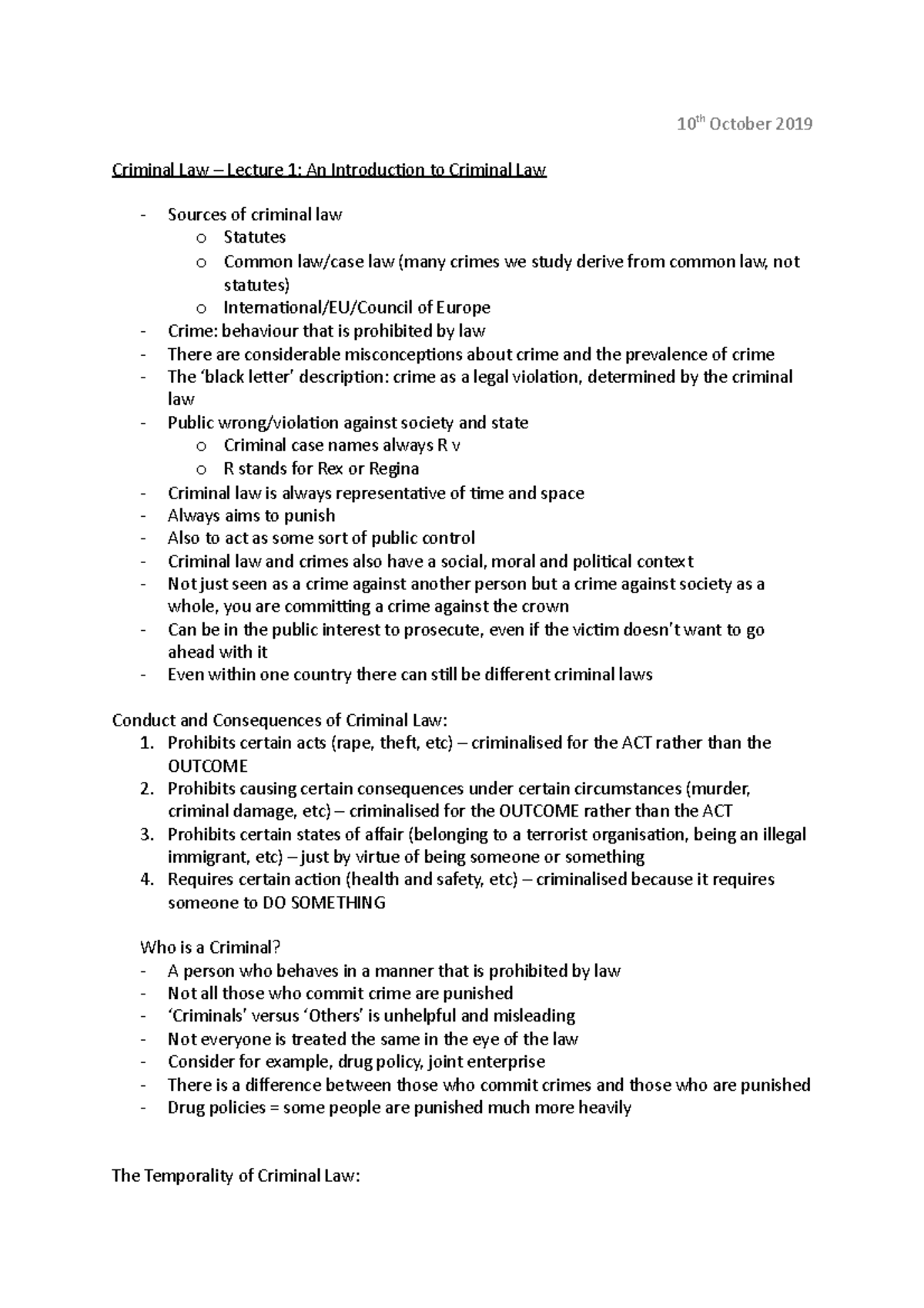 Criminal Law - Lecture 1 - 10 th October 2019 Criminal Law – Lecture 1 ...