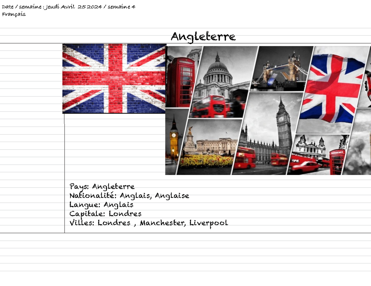 Tarea 3 - Frances - Pays: Angleterre Nationalité: Anglais, Anglaise