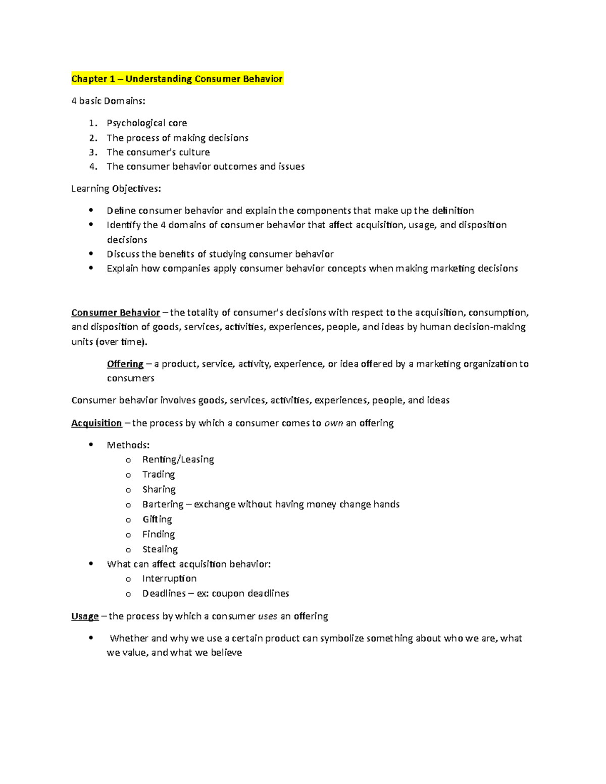 1 - Chapter Notes - Chapter 1 – Understanding Consumer Behavior 4 basic ...