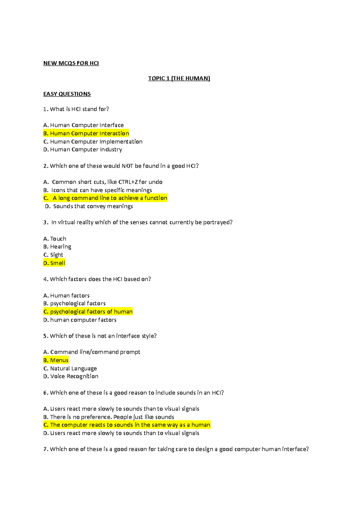 HCI MCQs Revision Test 1 NEW MCQS FOR HCI TOPIC 1 (THE HUMAN) EASY