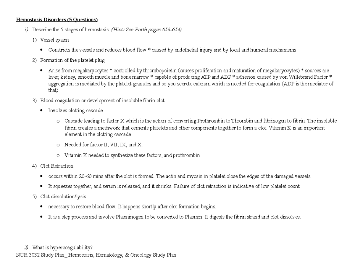 NUR 3032 Hemostasis Hematology and Oncology Study Plan Hemostasis Disorders (5 Questions) 1