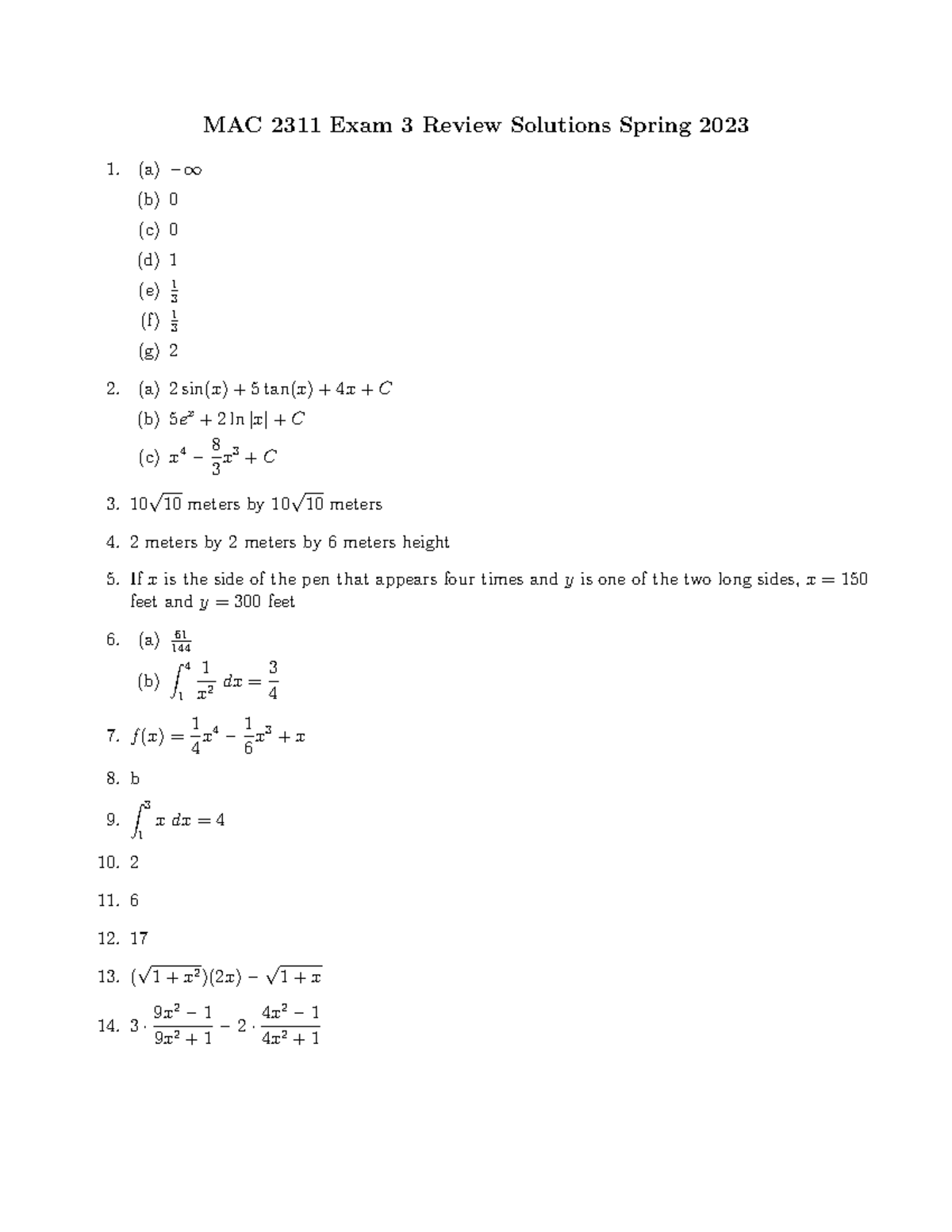 Exam 3 Review Solutions - MAC 2311 Exam 3 Review Solutions Spring 2023 ...