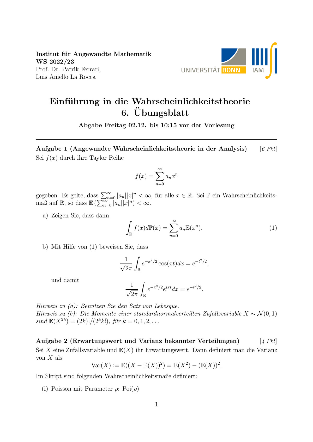 Blatt 6 Einführung In Die Wahrscheinlichkeitstheorie Lehramt - Institut ...