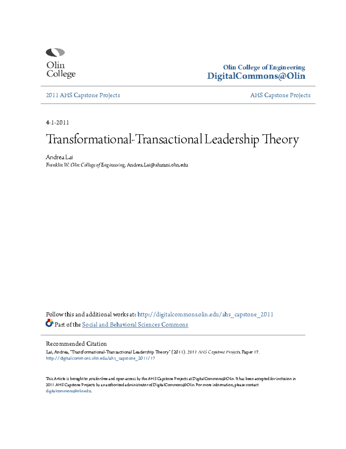 Transformational Transactional Leadershi - Olin College of Engineering ...