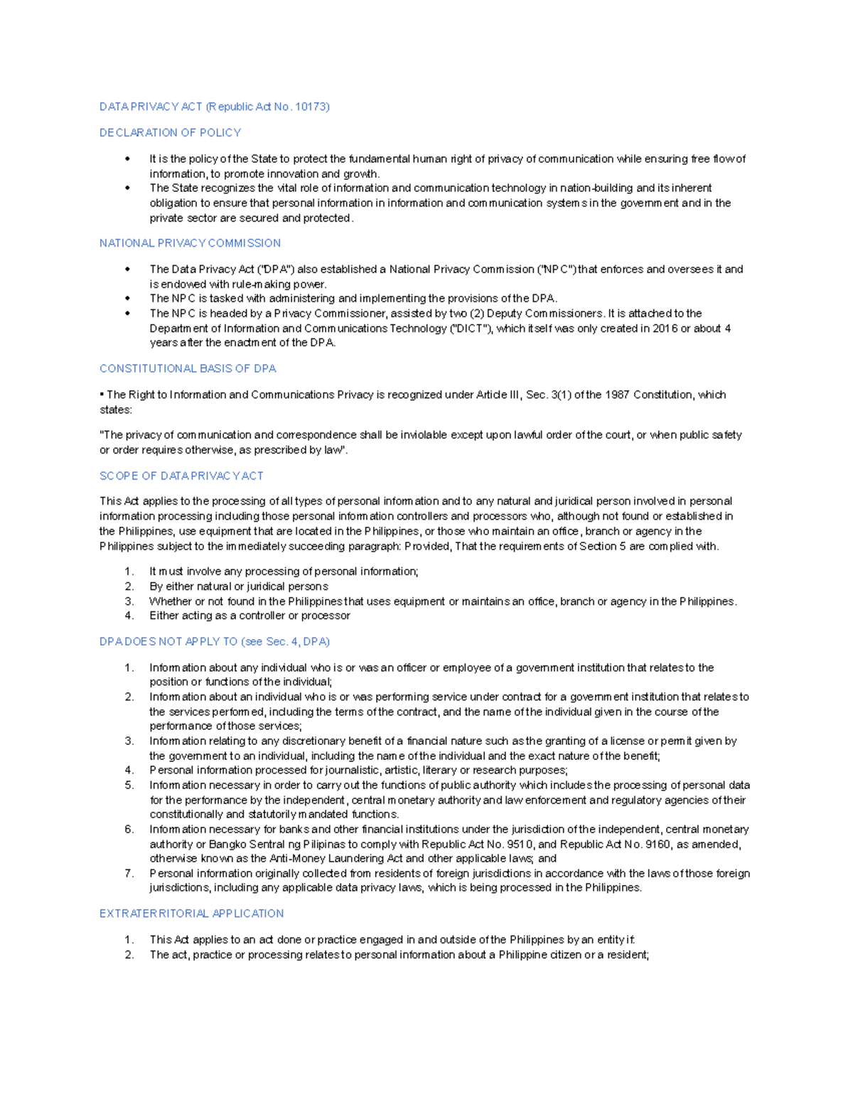 DATA Privacy ACT (Republic Act No. 10173) - DATA PRIVACY ACT (Republic ...