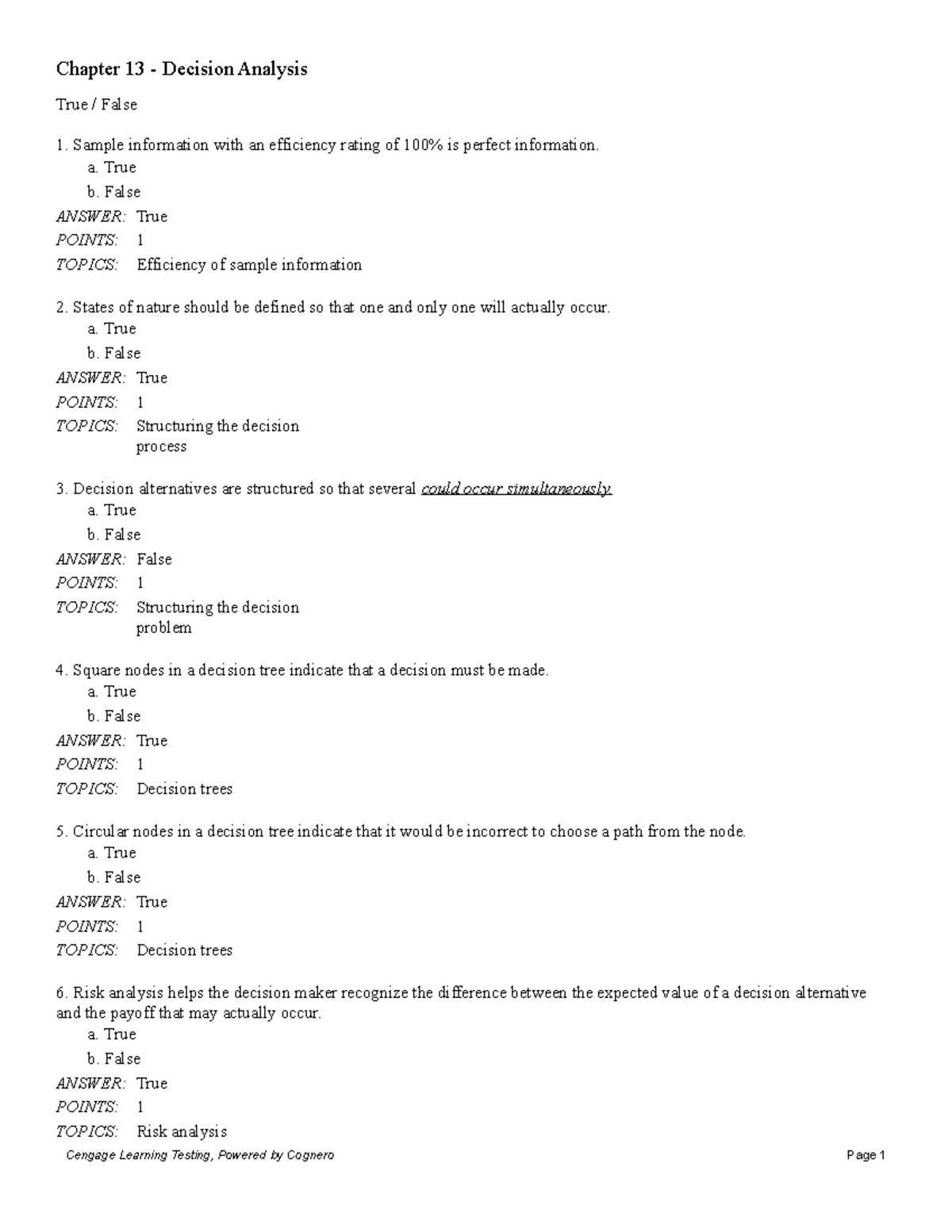 Chapter 13 Decision Analysis - True / False Sample information with an ...