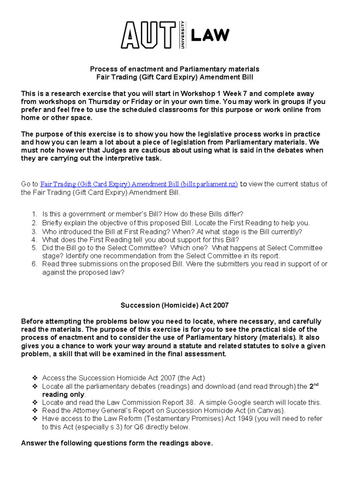 Succession Homicide etc research exercise - Process of enactment and ...