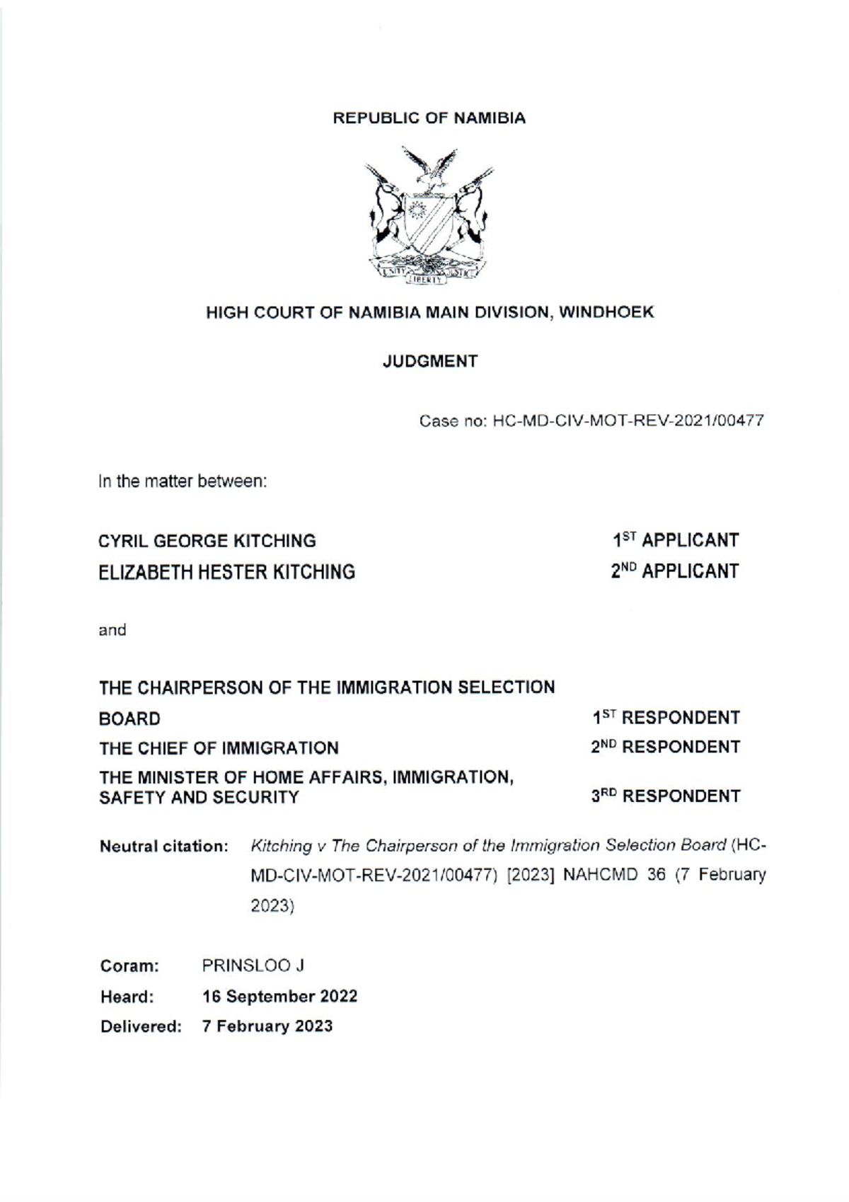 Cyril George Kitching v The Chairperson of the Immigration Selection ...