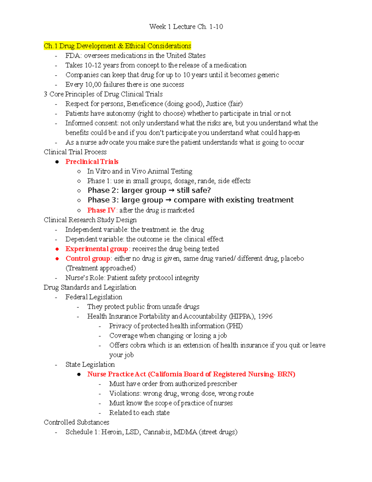 Pharm week 1 ch. 1-10 - Lecture notes 1 - Week 1 Lecture Ch. 1- Ch Drug ...