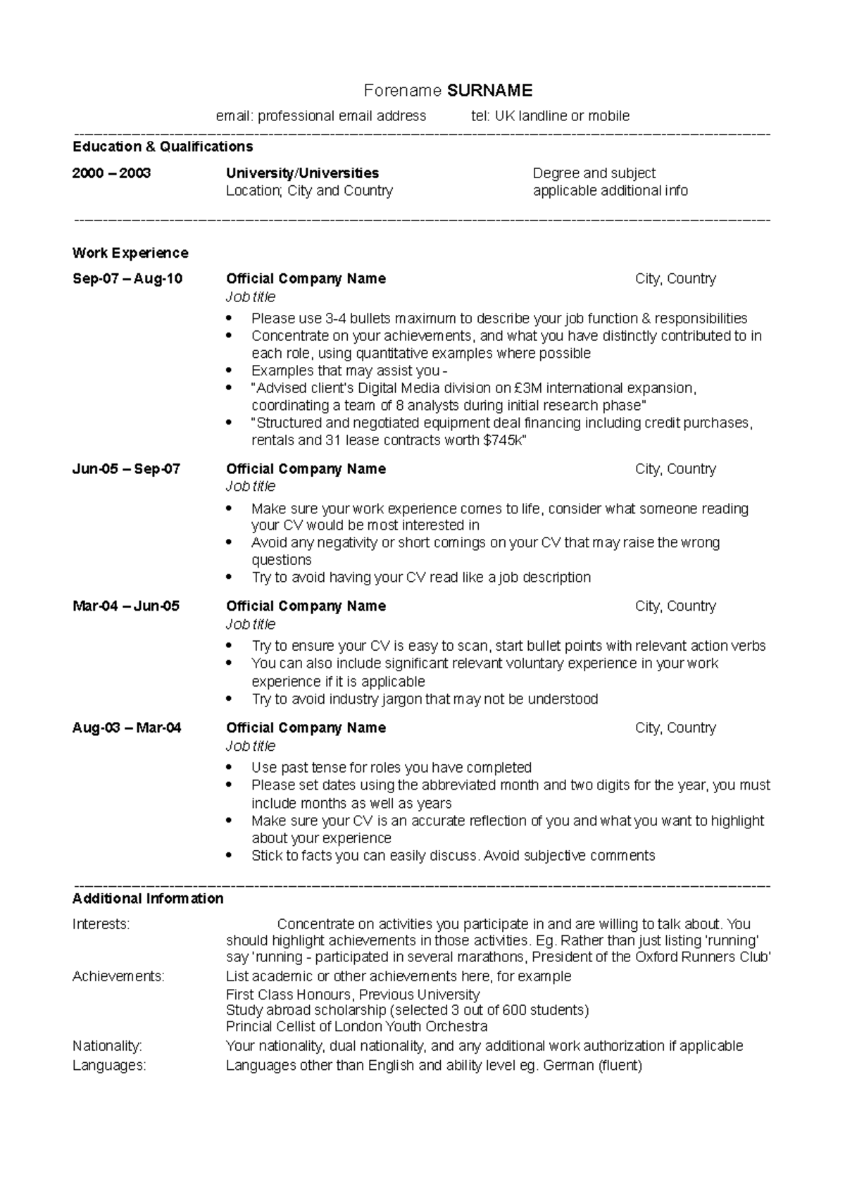 Resume Sample Document - Forename SURNAME email: professional email ...