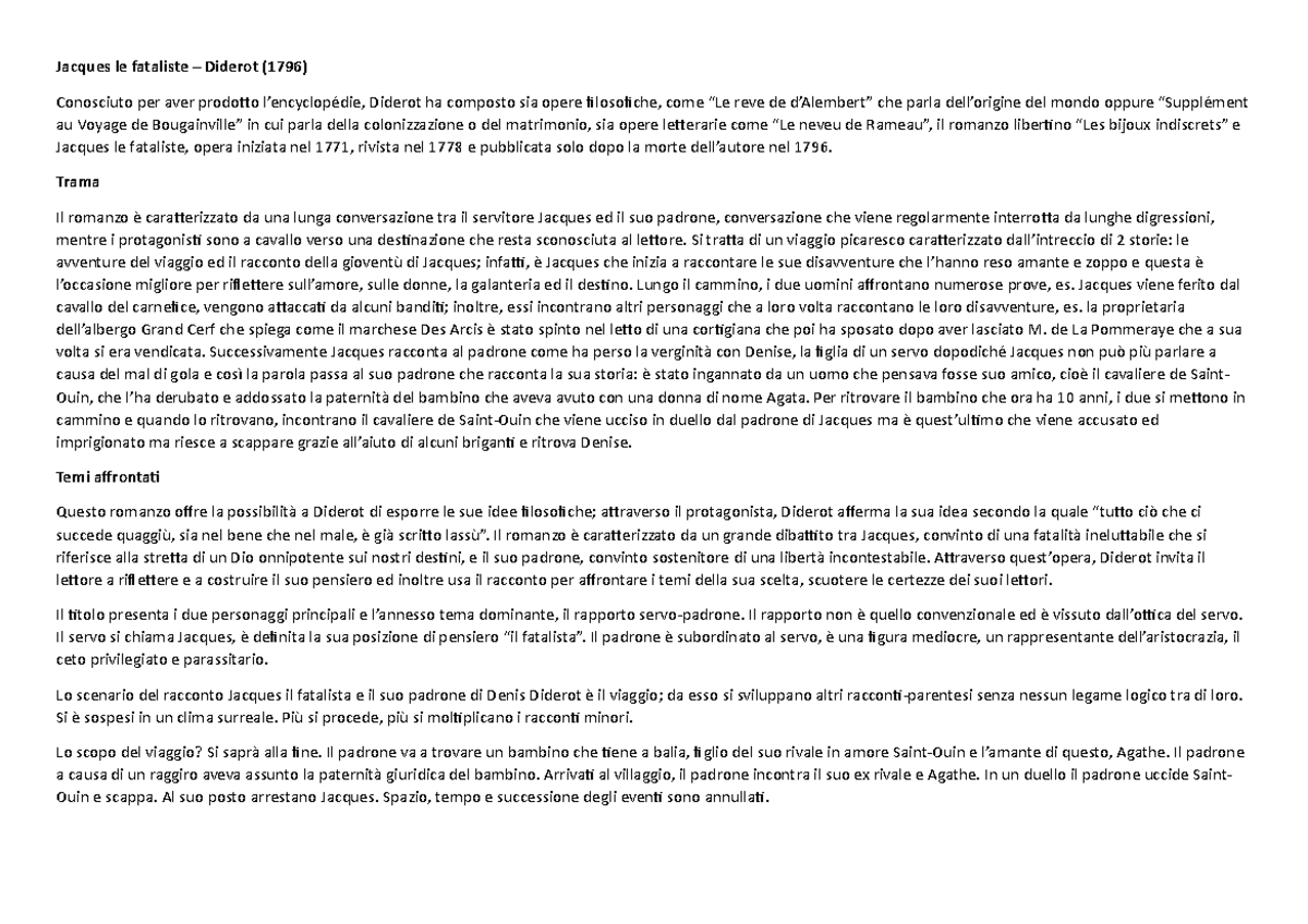 Jacques le fataliste Trama Il romanzo è caratterizzato da una lunga