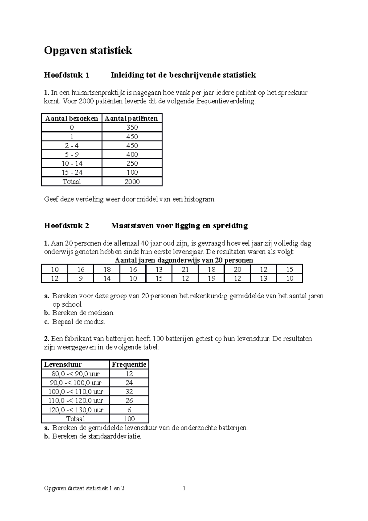 Opgaven Dictaat Staistiek 1 En 2 - Opgaven Statistiek Hoofdstuk 1 ...