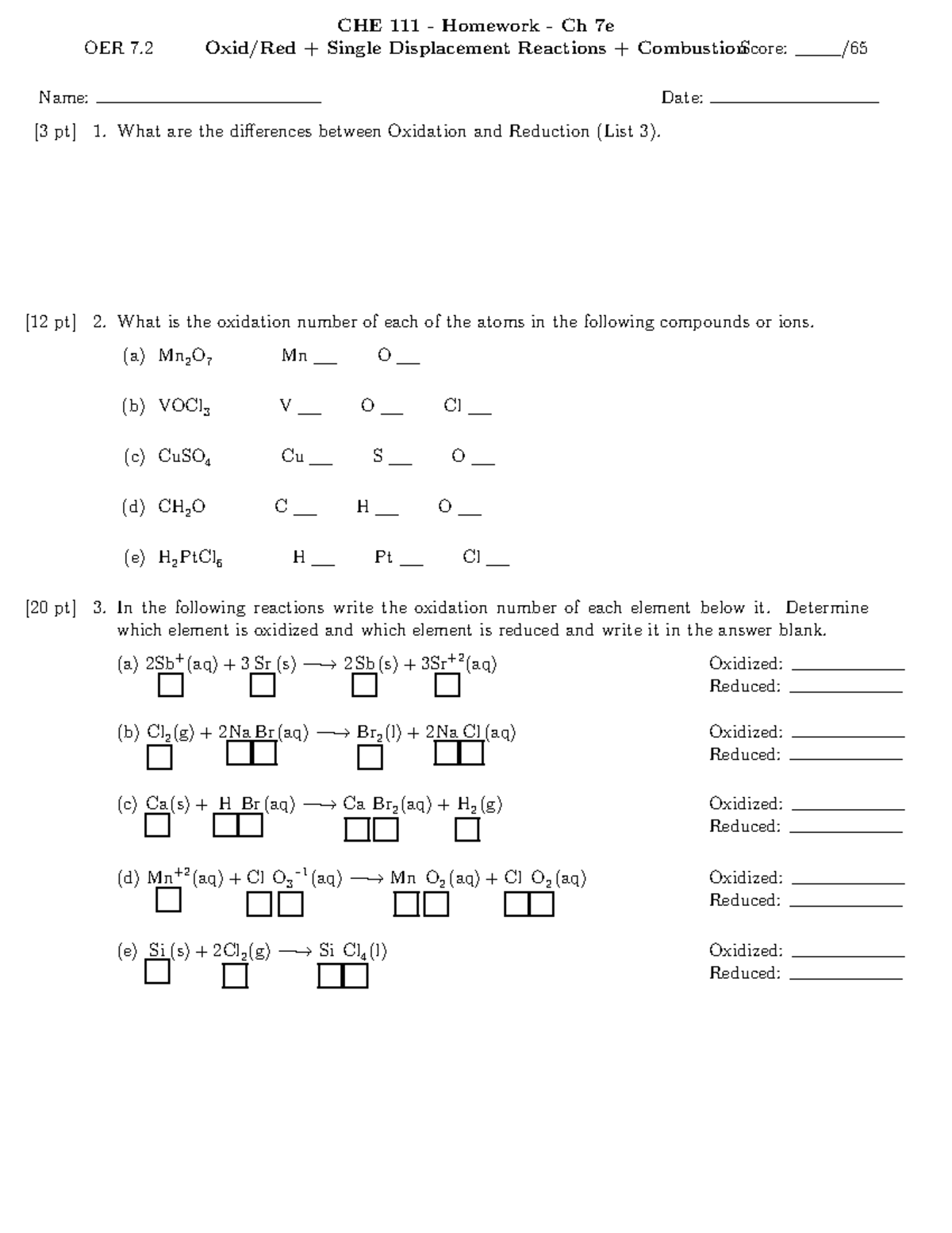 CHE111 Homework - homework - OER 7. CHE 111 - Homework - Ch 7e Oxid/Red ...