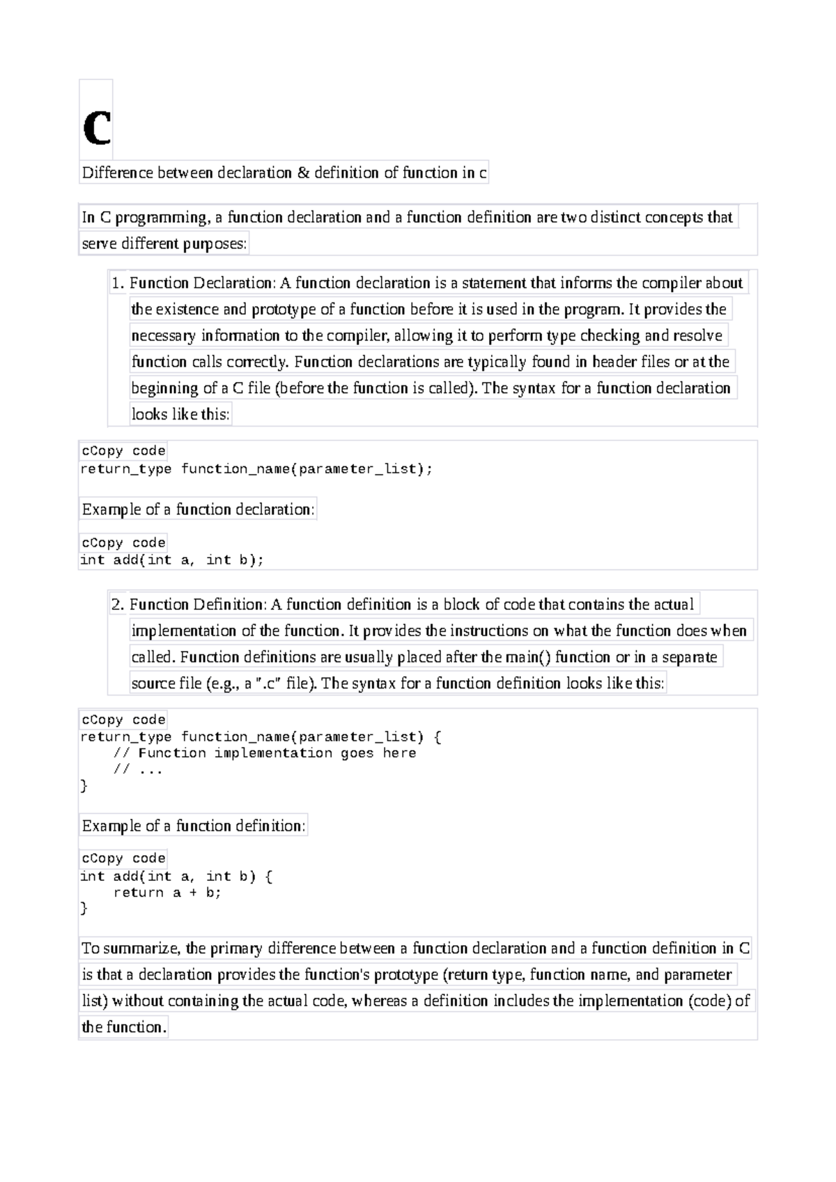 C imp q&a - c Difference between declaration & definition of function ...
