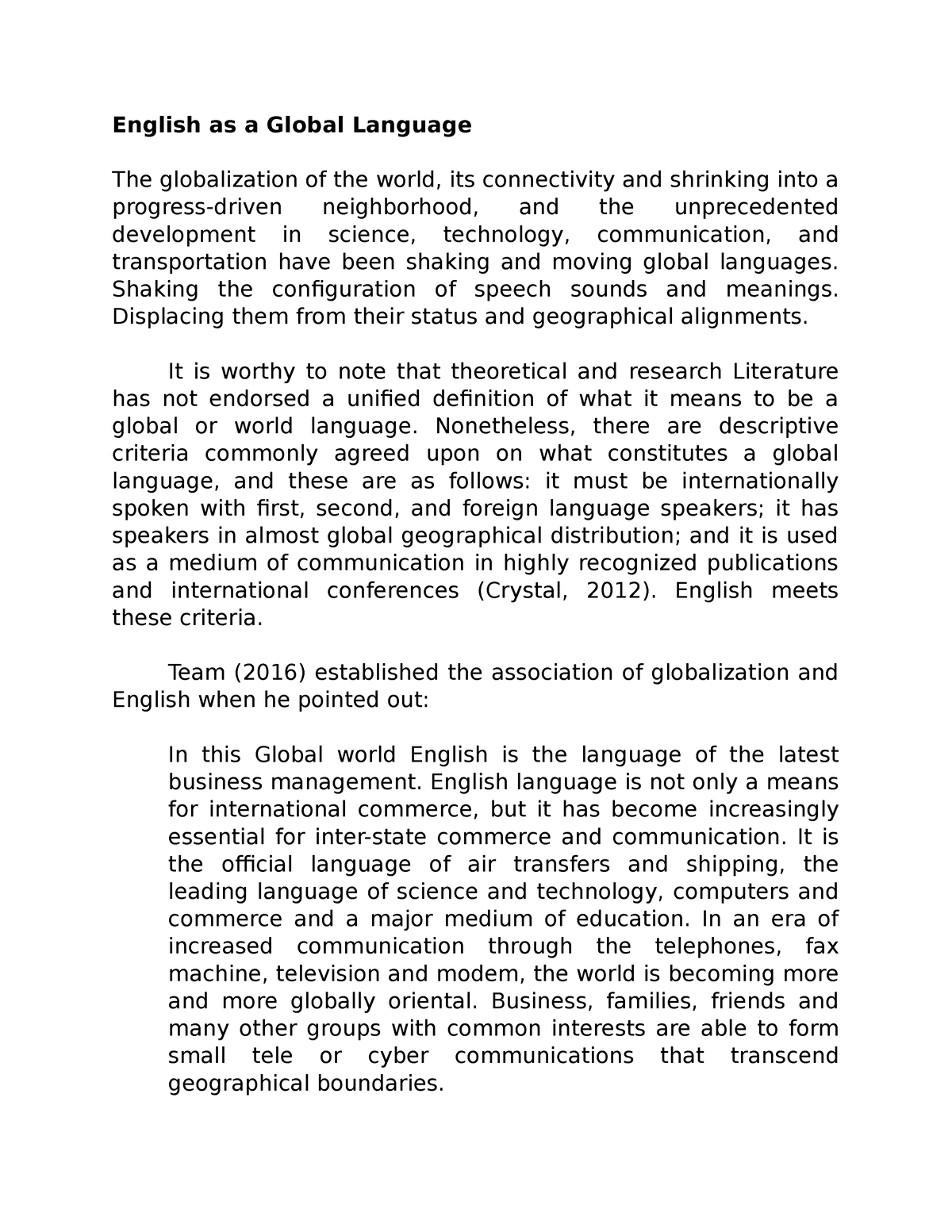 essay of english as a global language