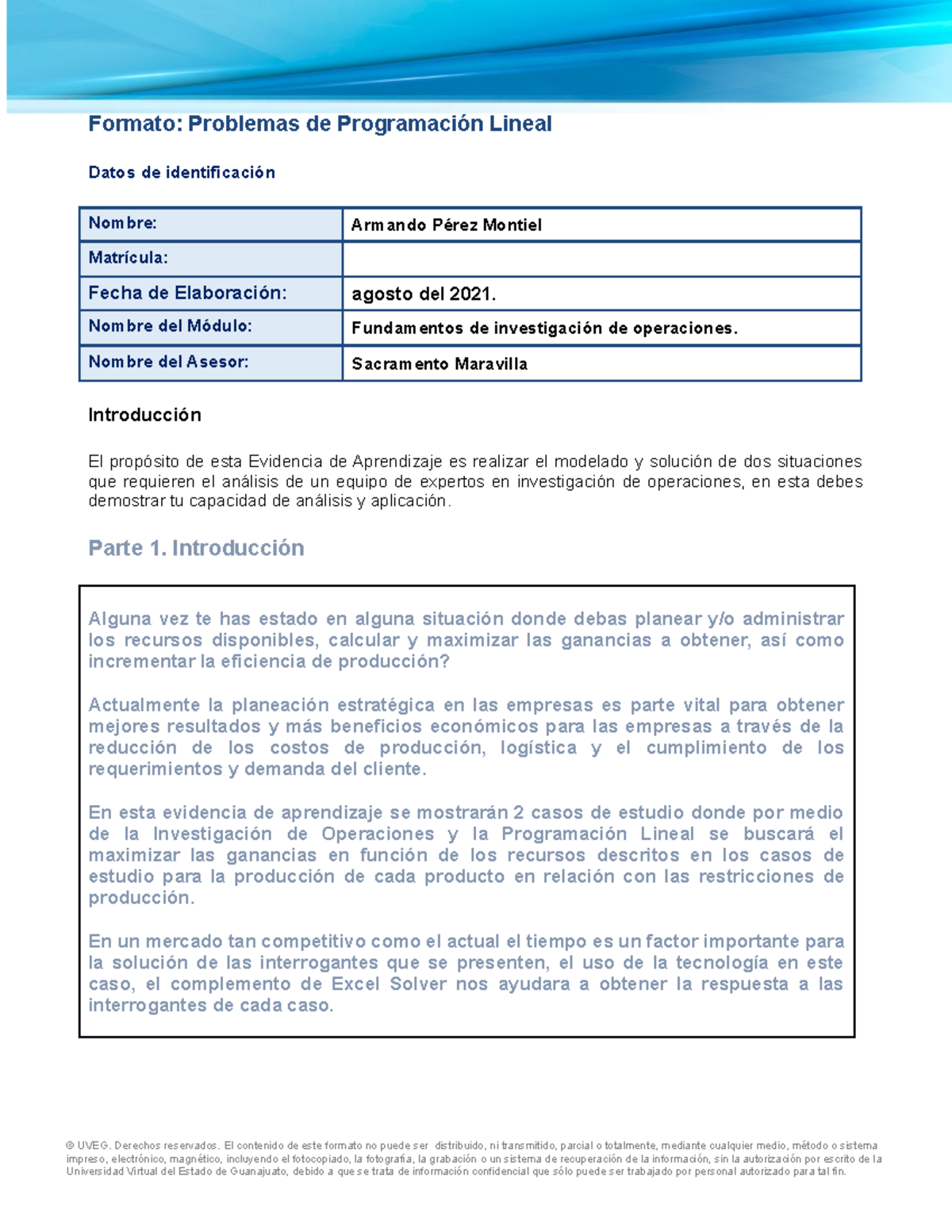 Programación lineal - Formato: Problemas de Programación Lineal Datos ...