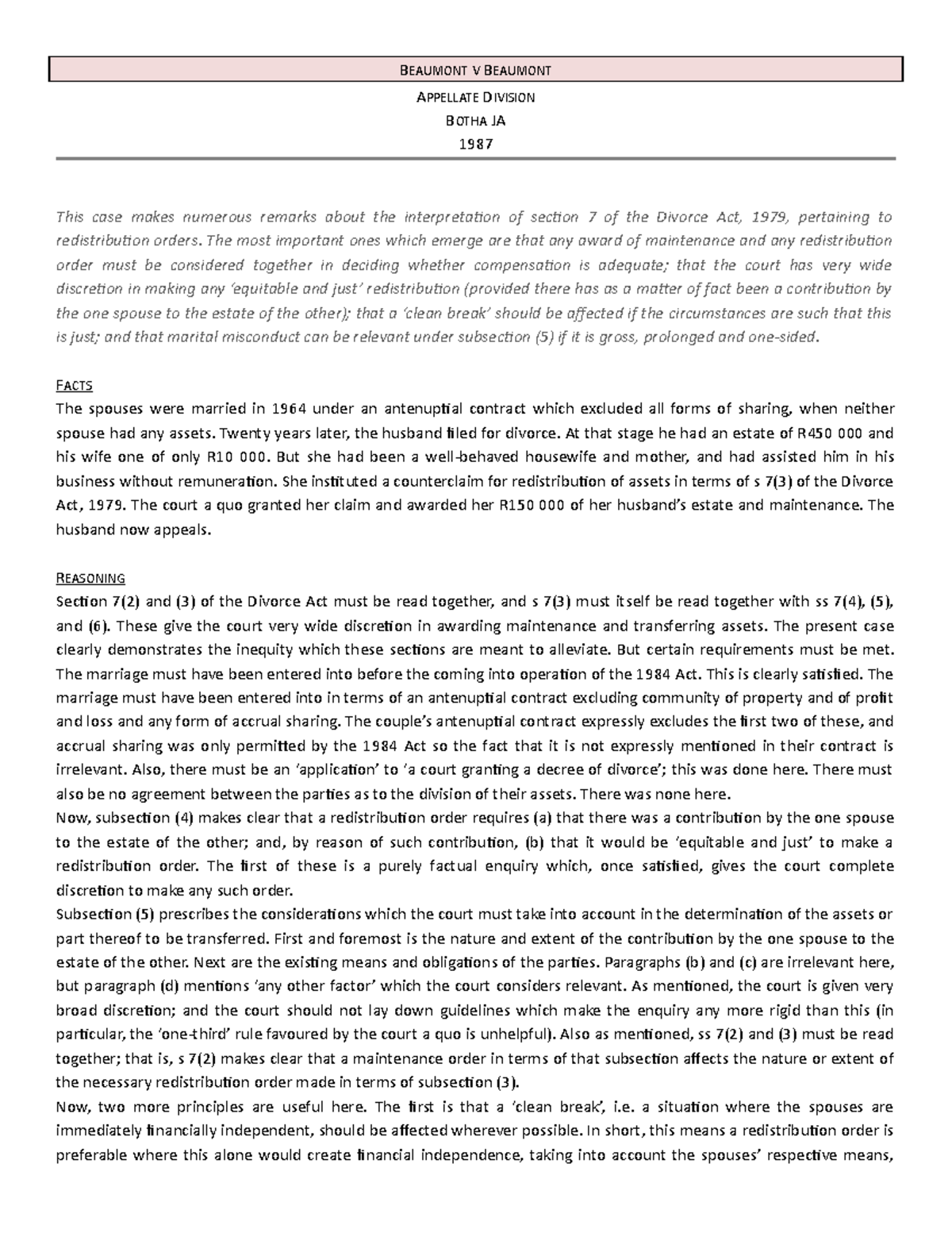  Beaumont v Beaumont 1987 (2) SA 967 (A) BEAUMONT V BEAUMONT