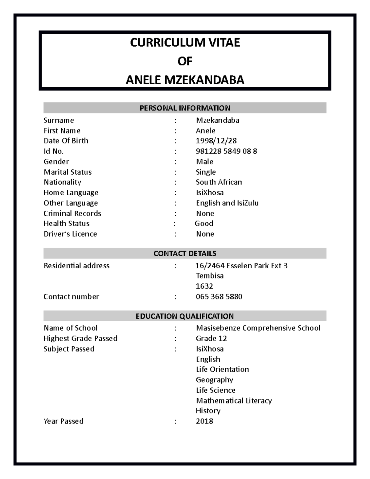 Anele Mzekandaba - Mr mazibuko the lecture - CURRICULUM VITAE OF ANELE ...