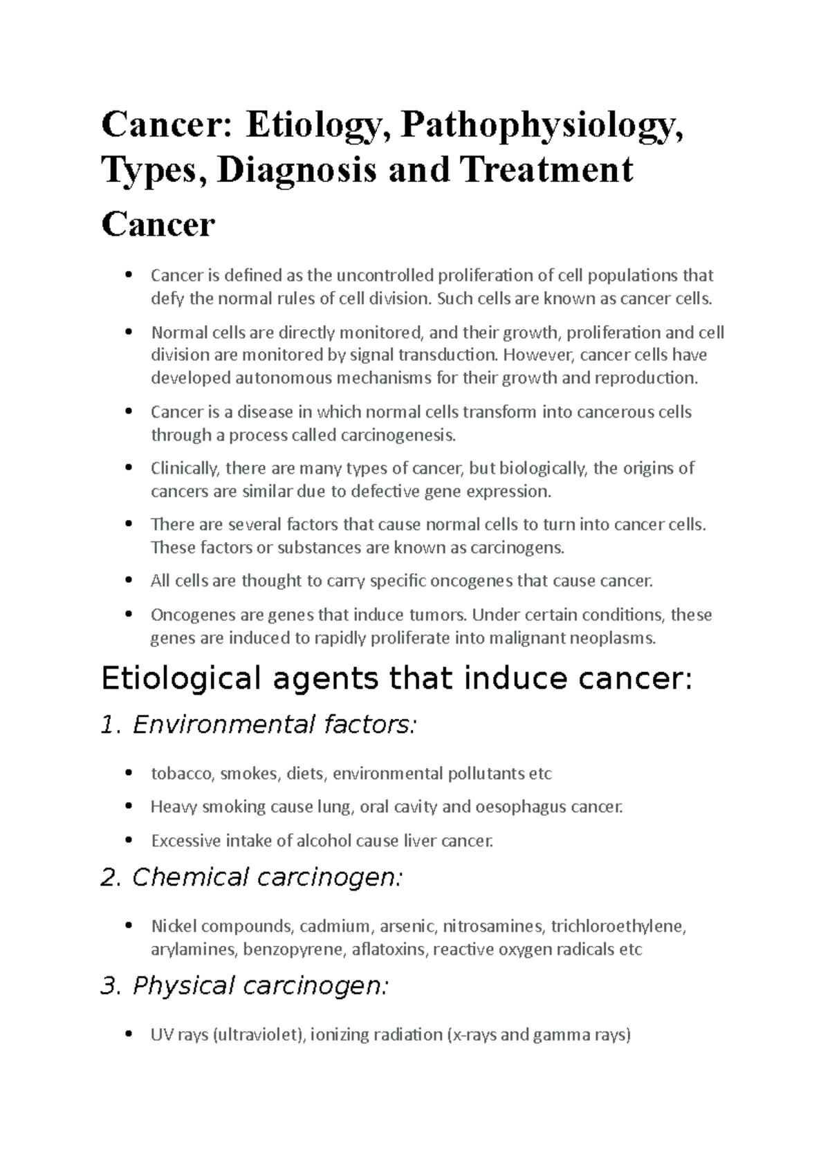 Cancer Pathophysiology Cancer Etiology Pathophysiology Types