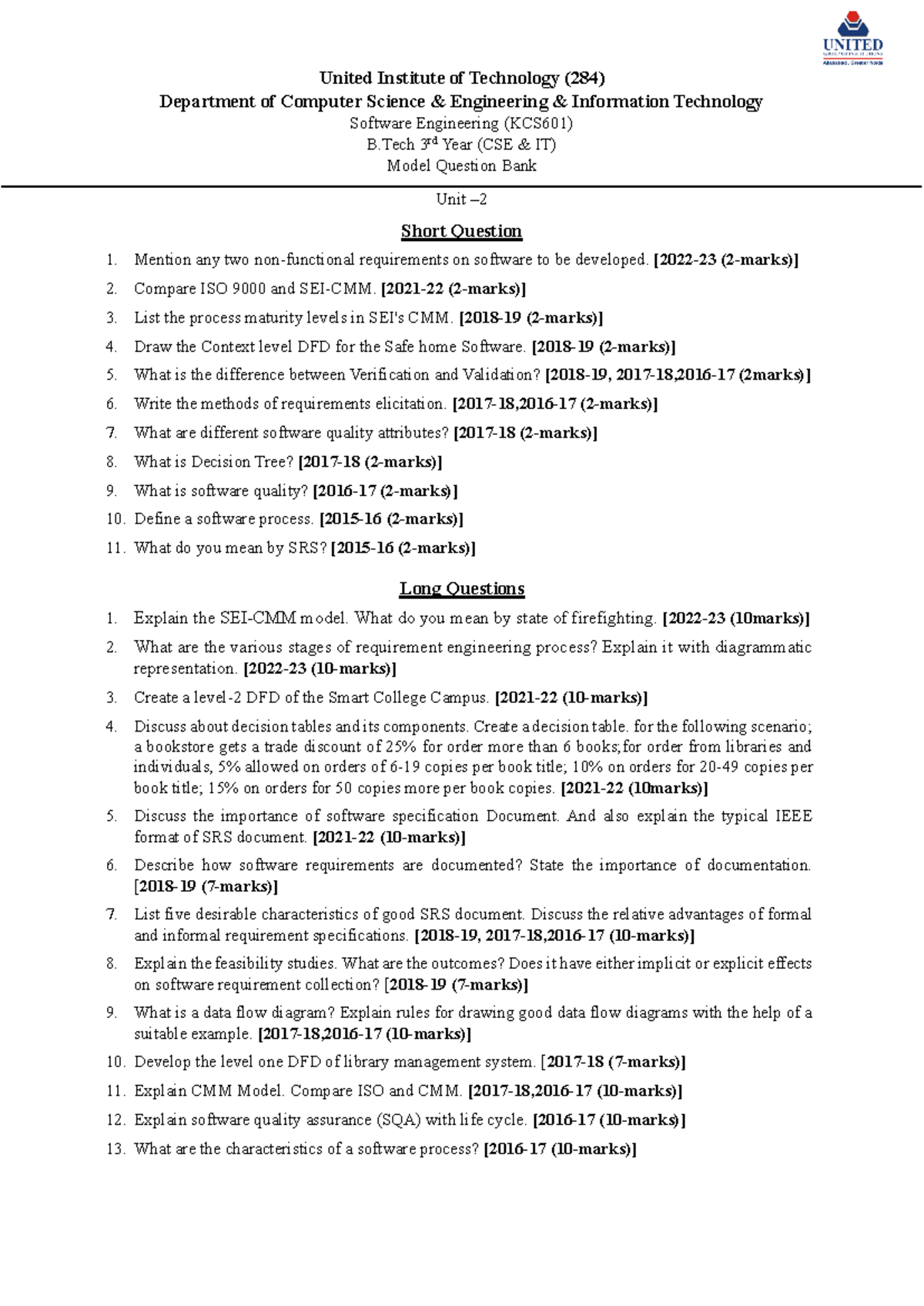 SE (KCS-601) Question Bank Unit-2 - United Institute Of Technology (284 ...