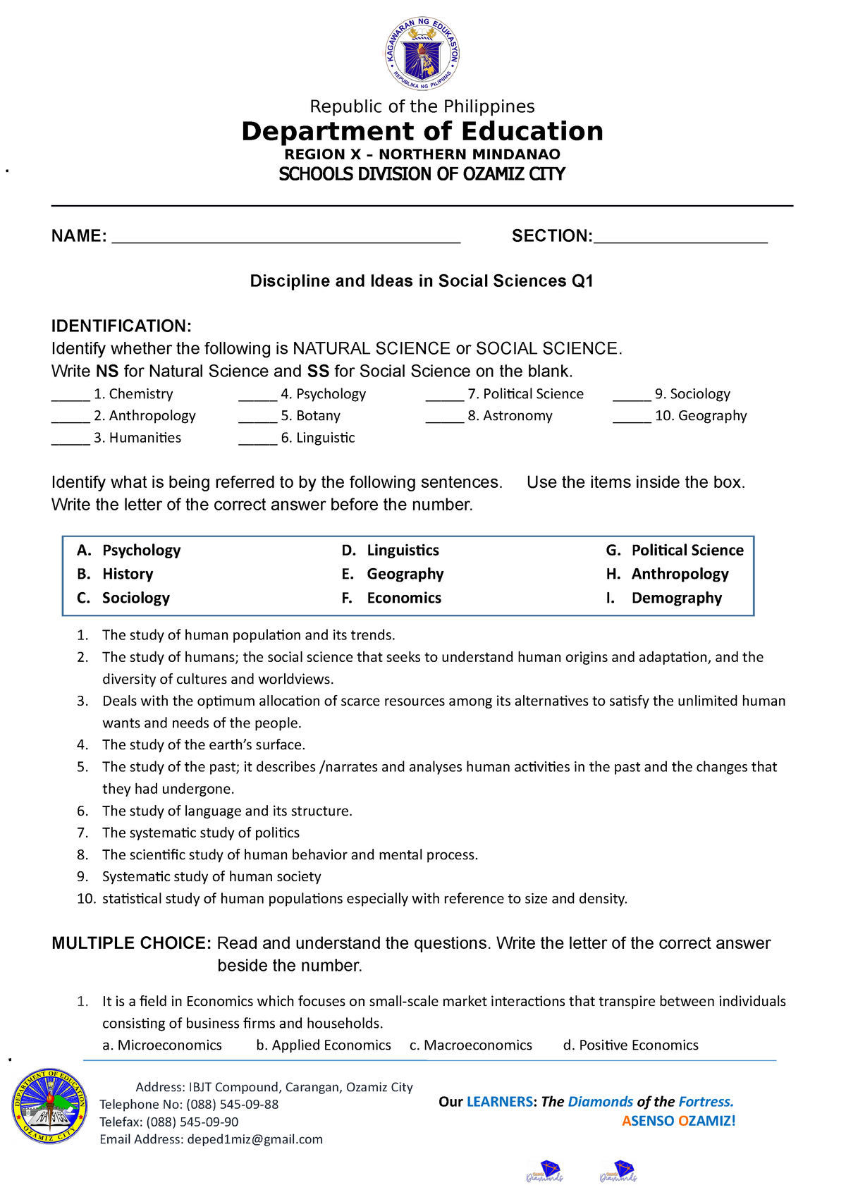 DISS-11-Q1-Summative Test - Republic of the Philippines Department of ...