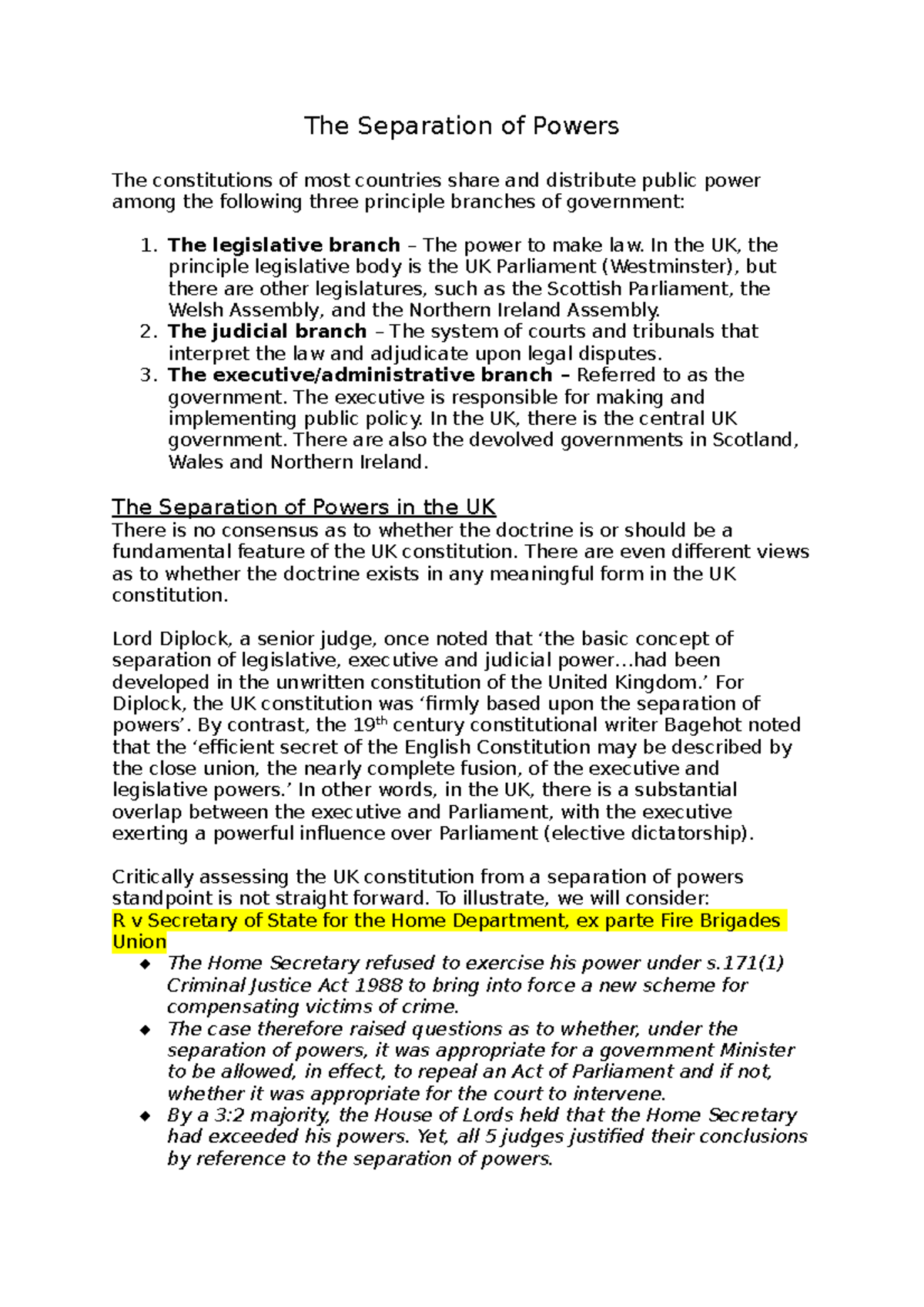 The Separation of Powers - In the UK, the principle legislative body is ...