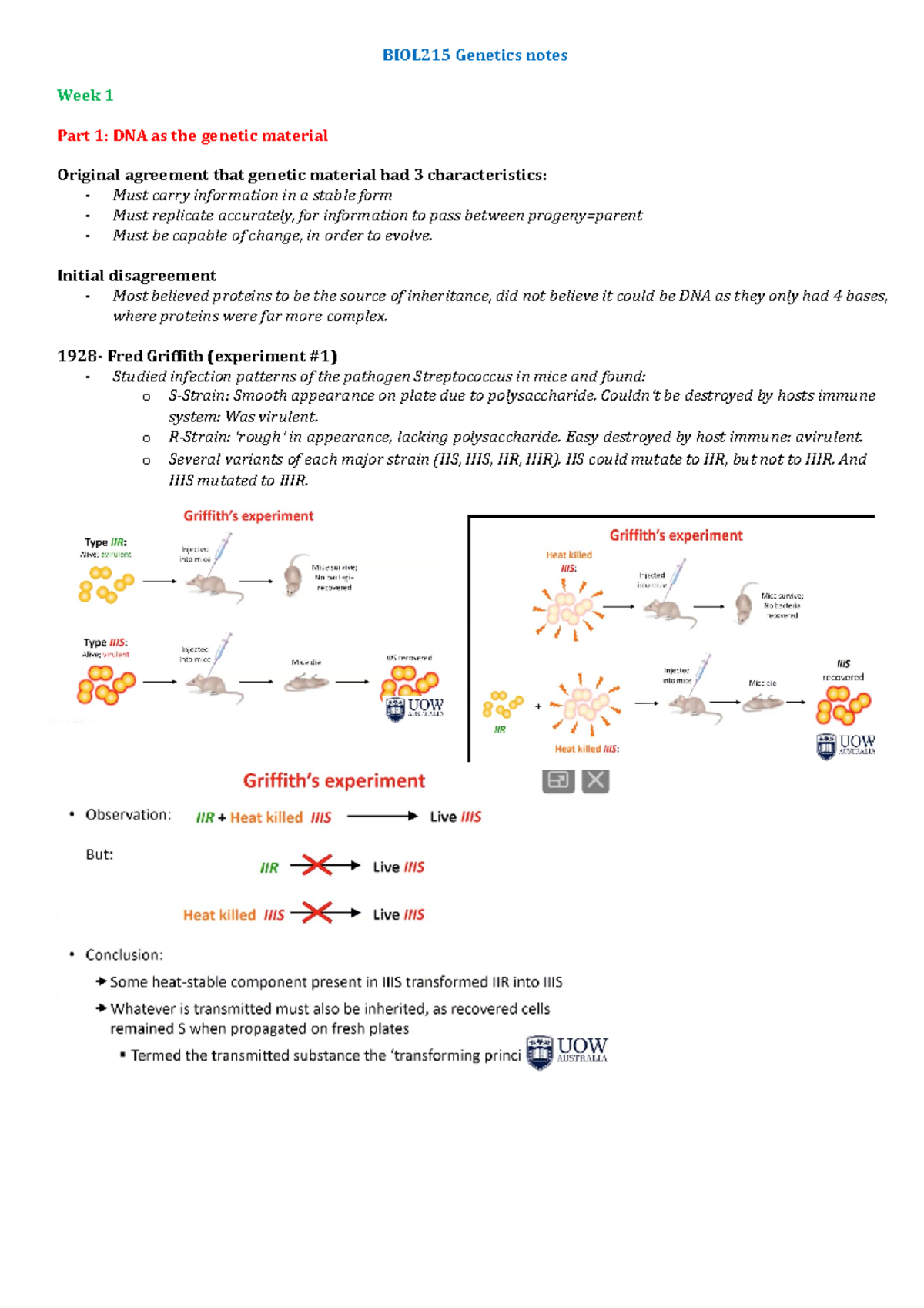 BIOL215 Genetics notes - BIOL215 Genetics notes Week 1 Part 1: DNA as ...
