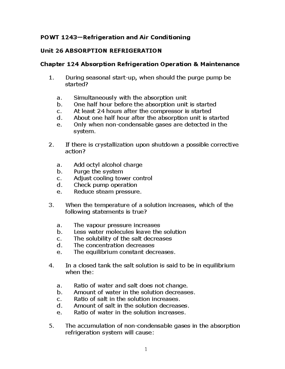 Exam 2014, questions and answers POWT 1243—Refrigeration and Air